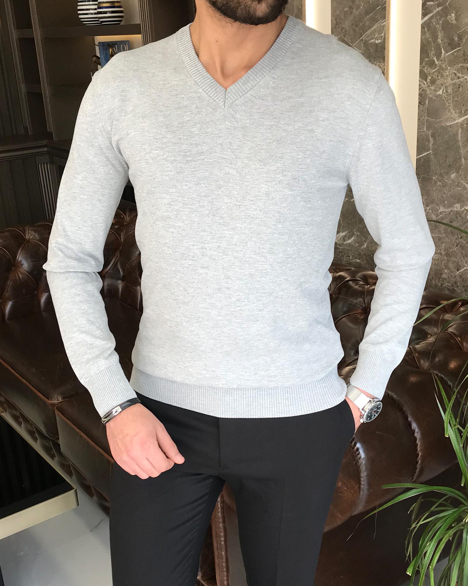 İtalyan stil slim fit erkek V yaka triko kazak Gri T8732