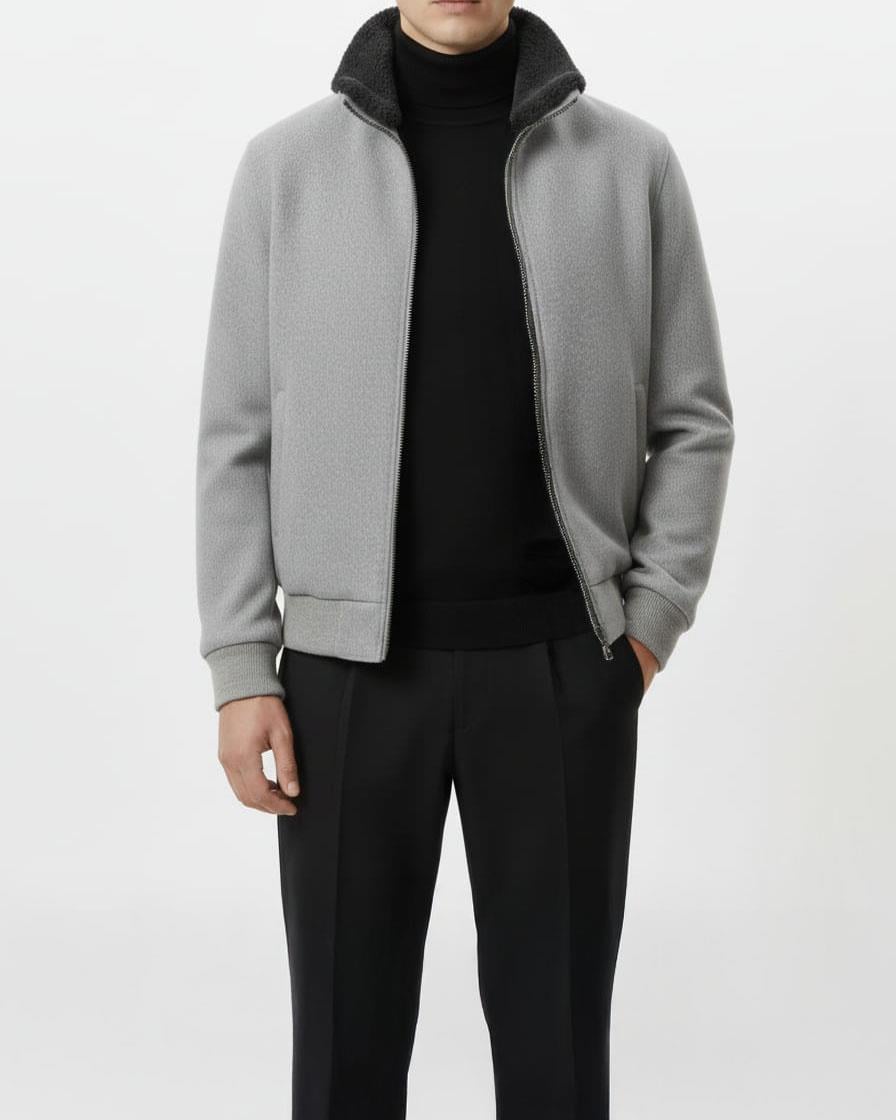 İtalyan stil slim fit fermuarlı kürk yaka deri şeritli mont gri T15113