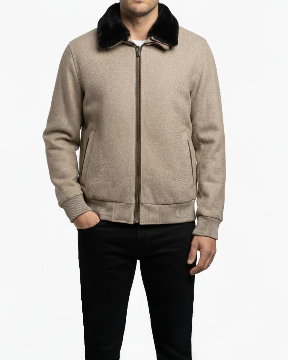 İtalyan stil slim fit fermuarlı kürk yaka deri şeritli mont bej T15114