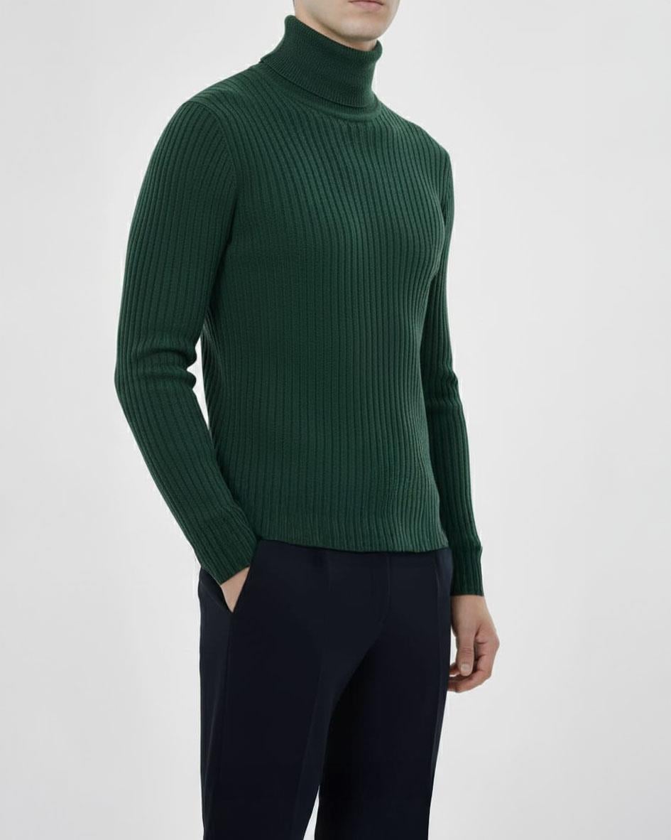 İtalyan stil slim fit fitilli erkek triko kazak yeşil T13271