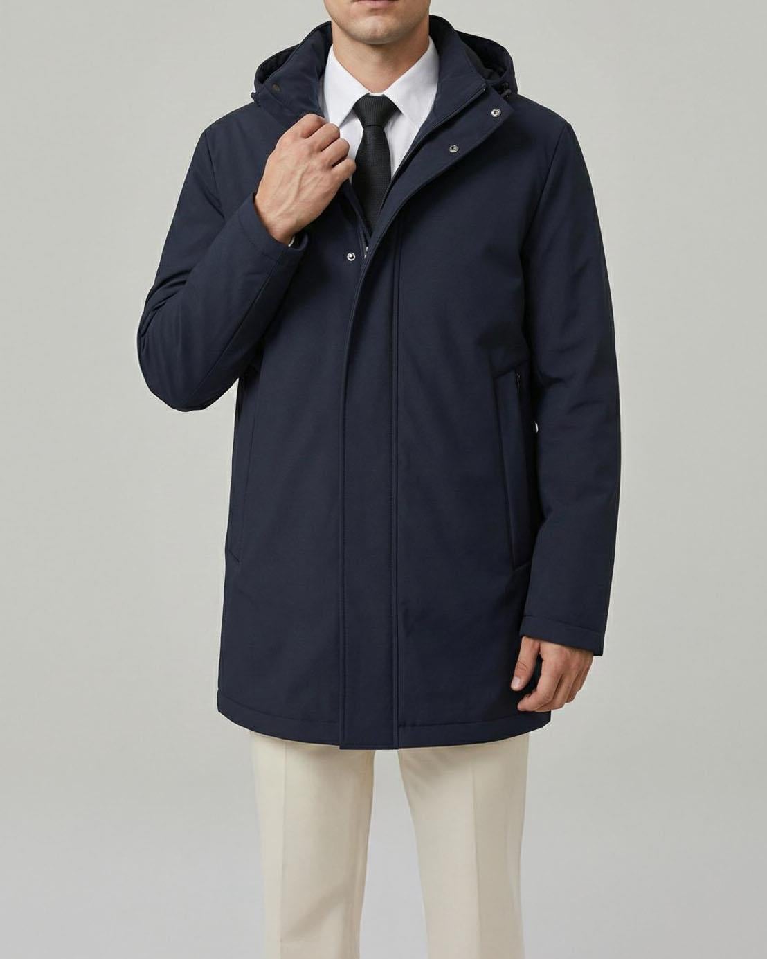 İtalyan stil slim fit gizli kapüşonlu erkek deri mont lacivert T15116
