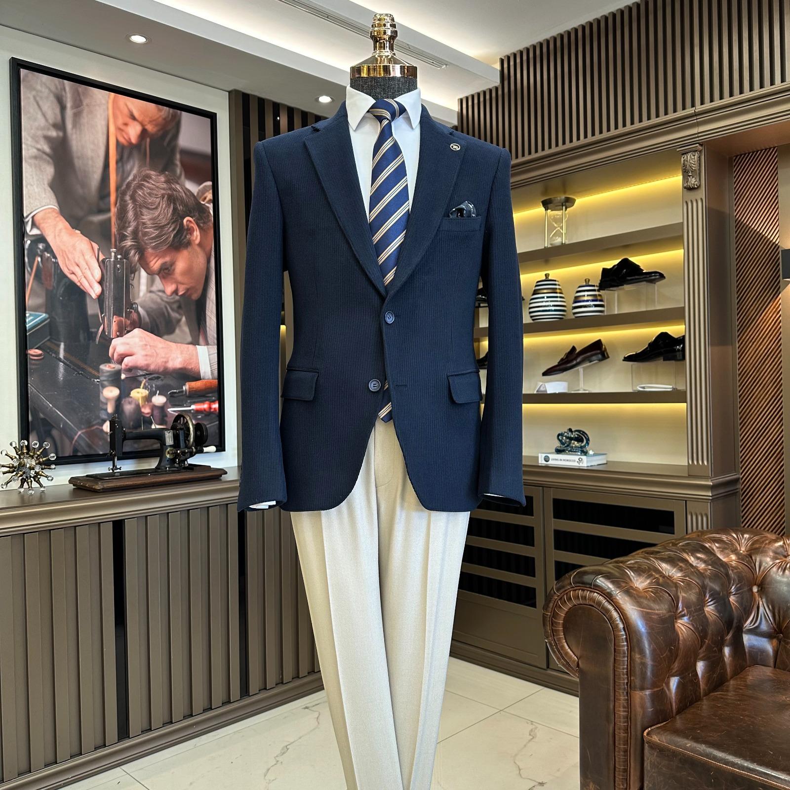 İtalyan stil slim fit kadife mono yaka erkek ceket lacivert T9870