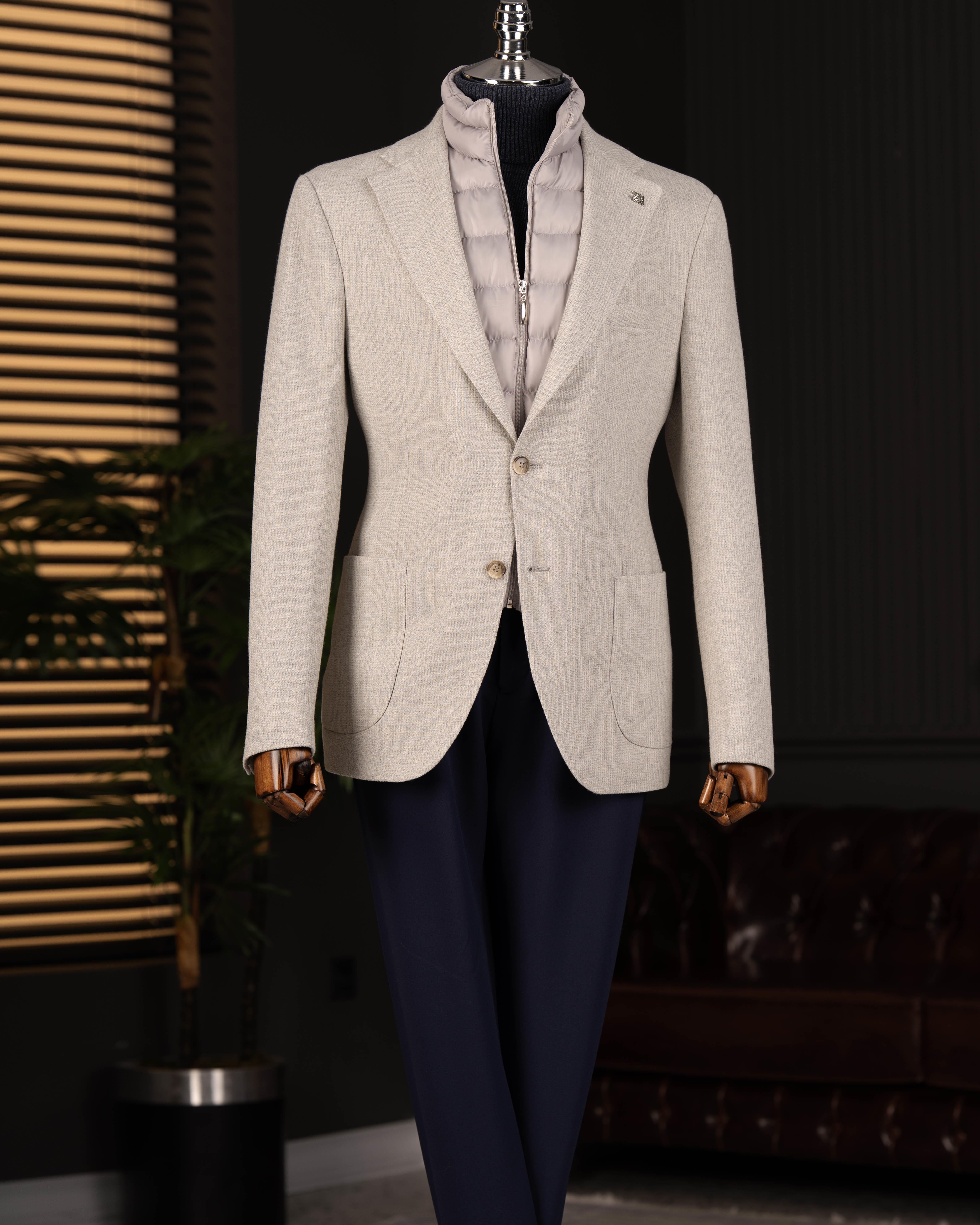 İtalyan stil slim fit kapitone çıkma yaka torba cep ceket gri T15120