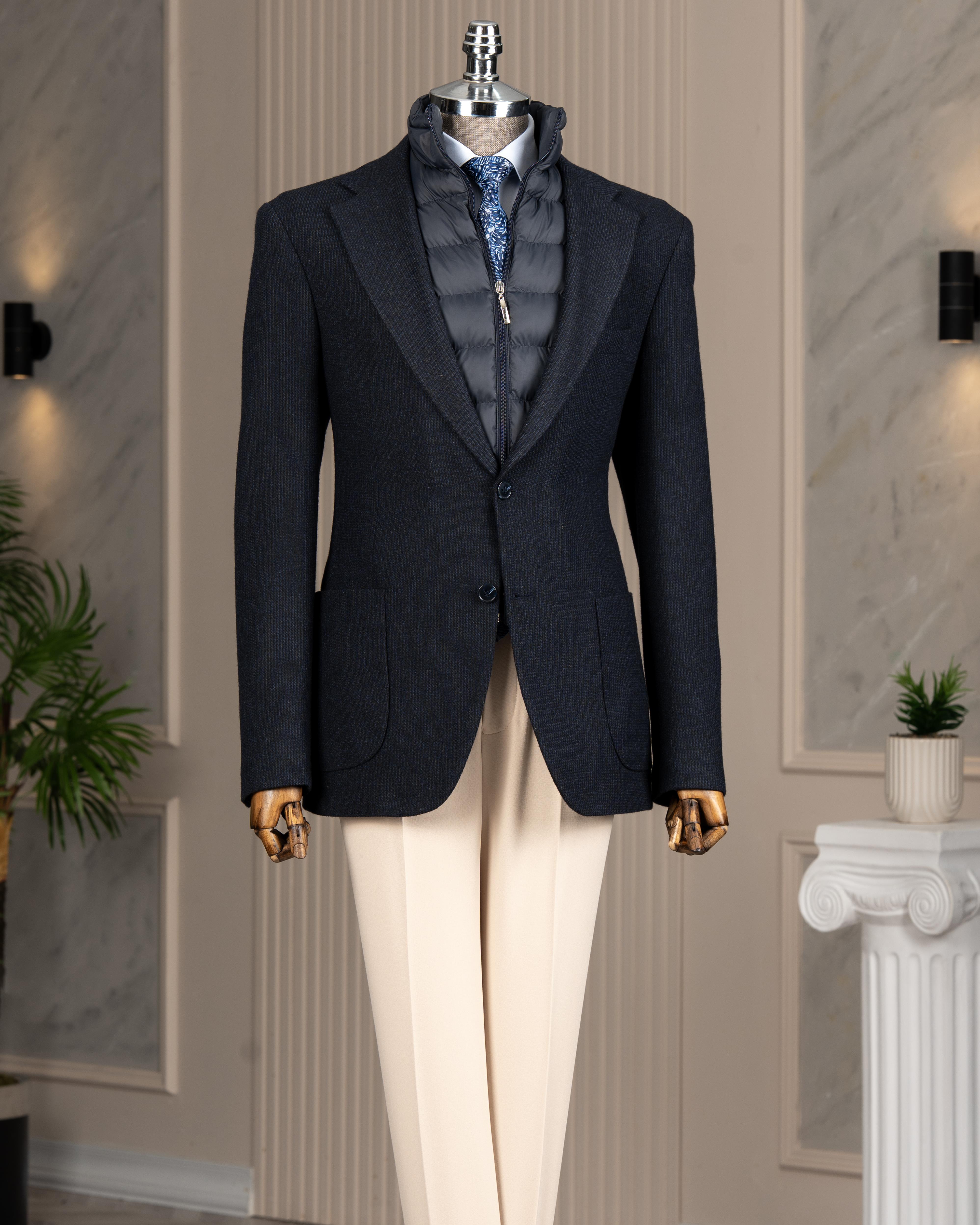 İtalyan stil slim fit kapitone çıkma yaka torba cep ceket lacivert T15121