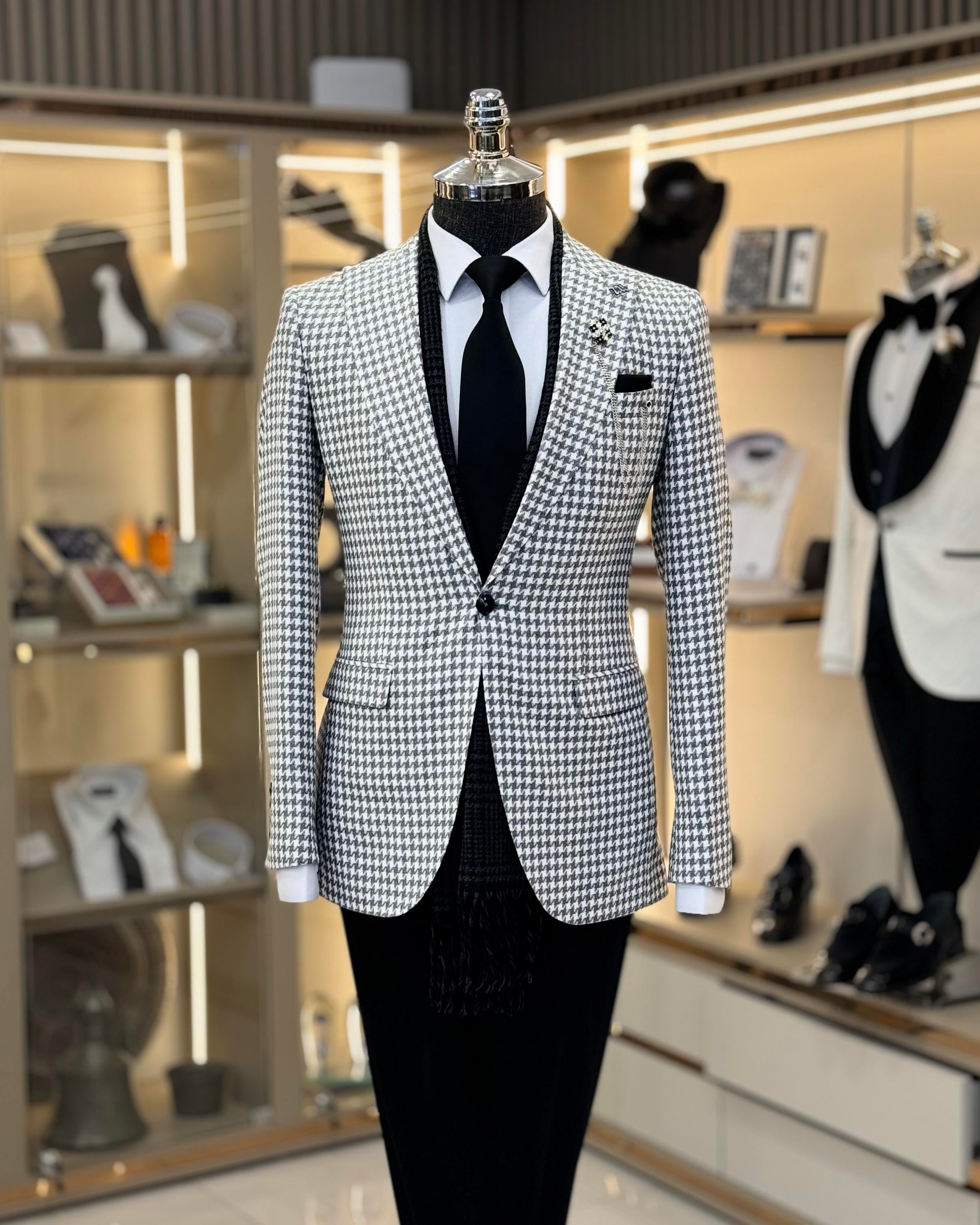 İtalyan stil slim fit kazayağı desen erkek ceket gri T11502