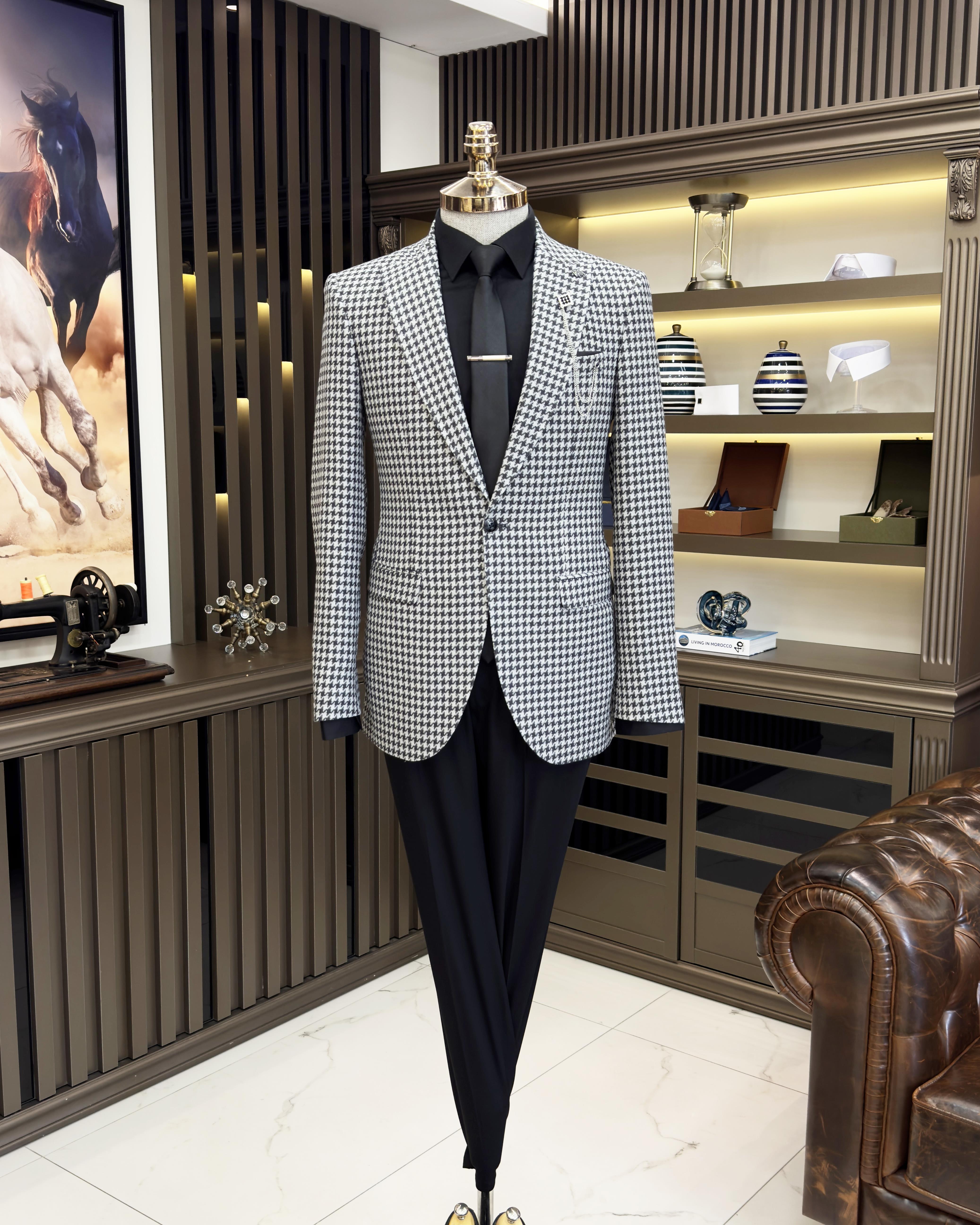 İtalyan stil slim fit kazayağı desen erkek ceket siyah T11500