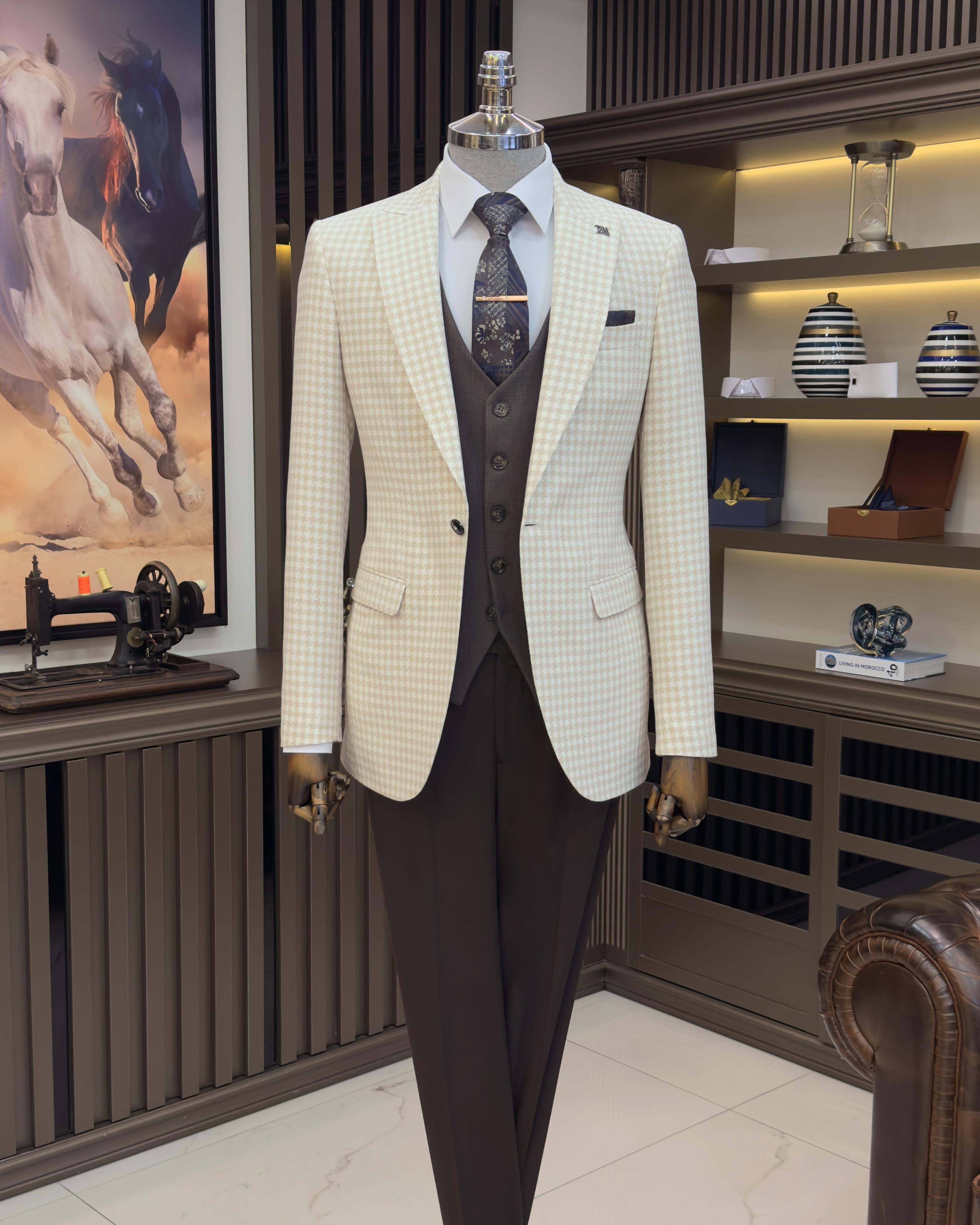 İtalyan stil slim fit kazayağı desen erkek ceket bej T11503
