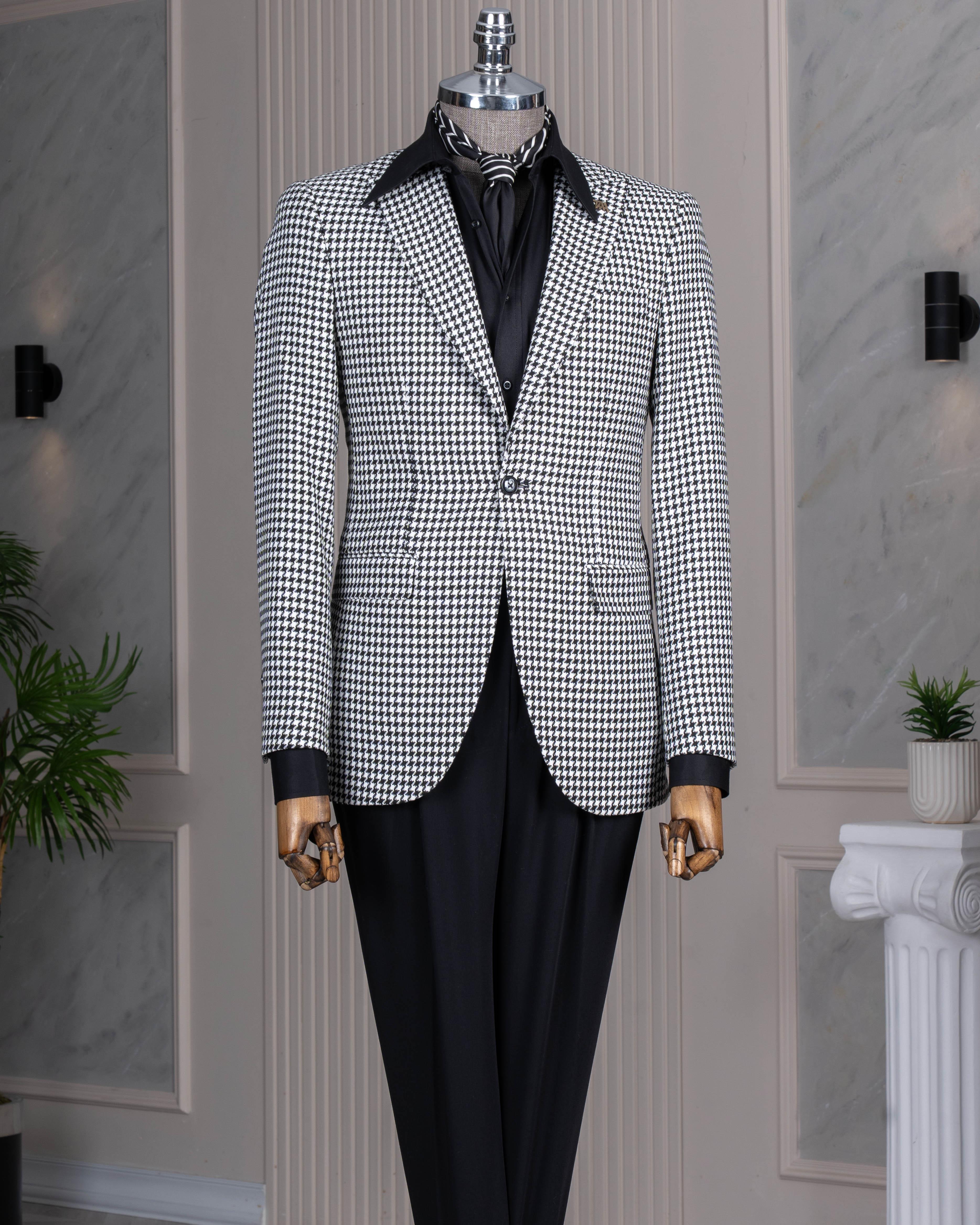 İtalyan stil slim fit kazayağı desen kruvaze erkek ceket siyah T13048