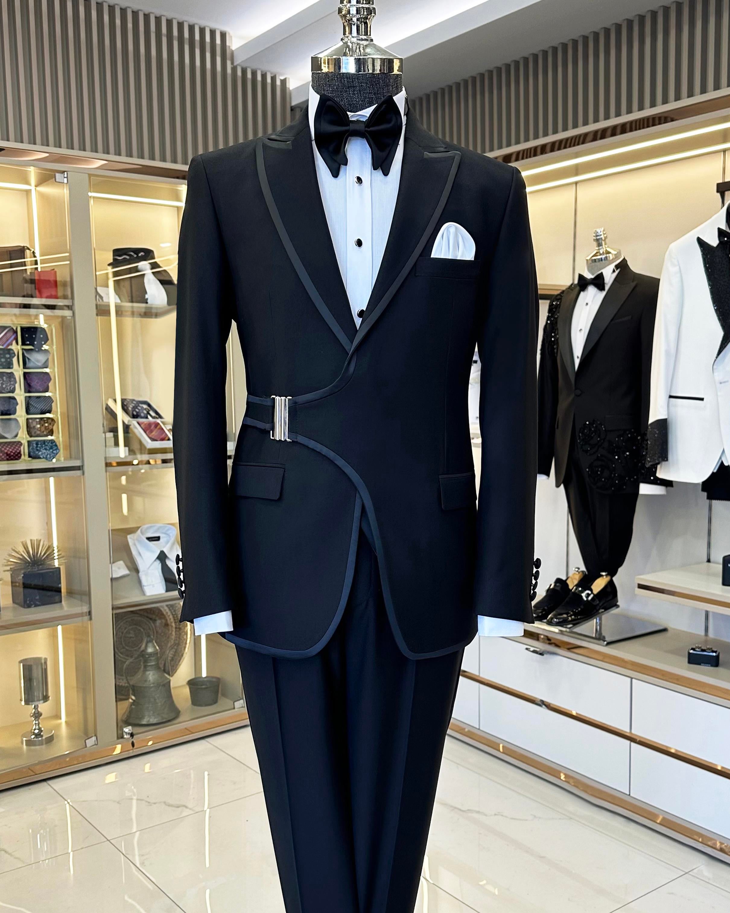 İtalyan stil slim fit kemer detaylı ceket yelek pantolon damatlık set siyah T11597