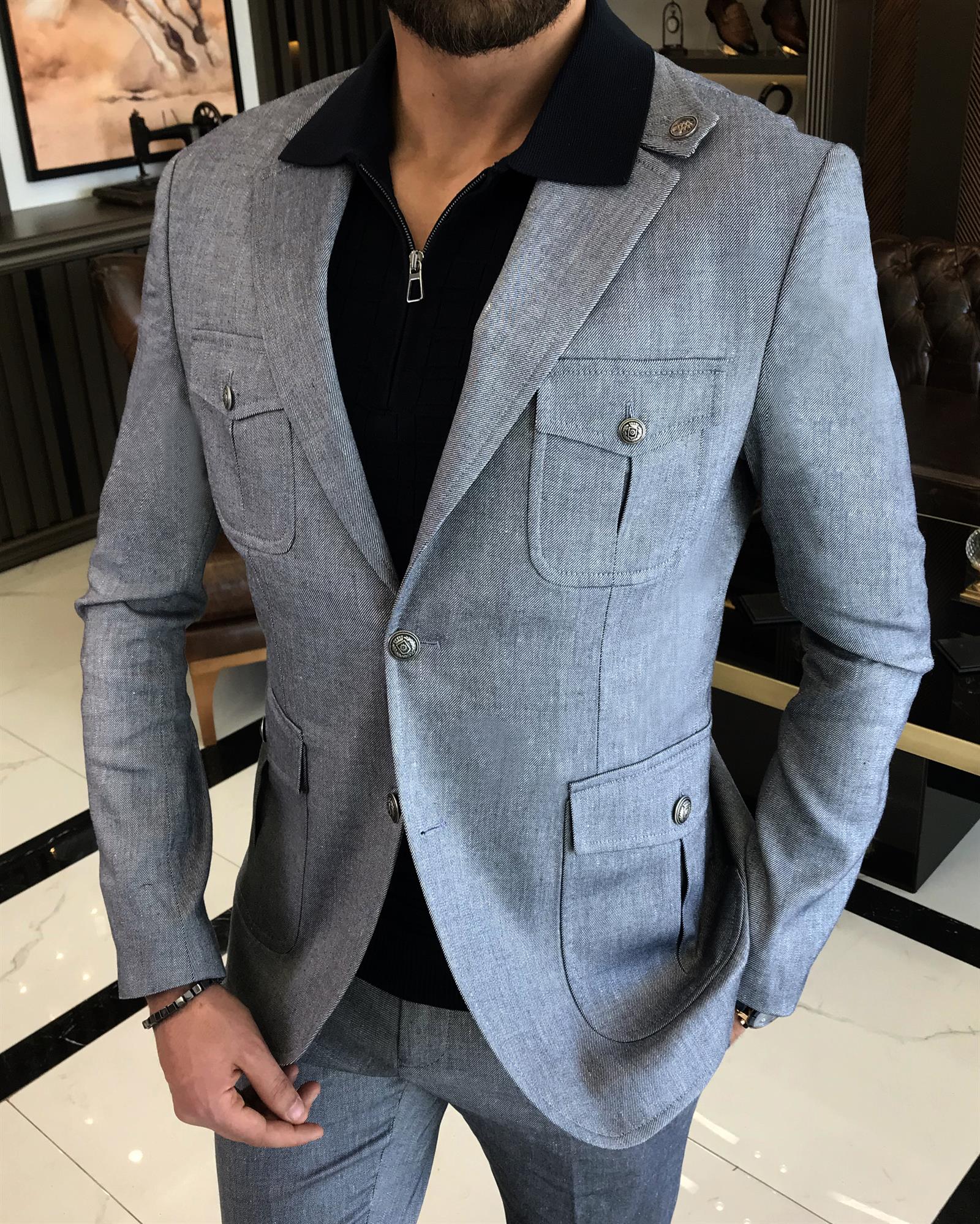 italyan stil slim fit keten pamuk karışımlı safari ceket pantolon takım elbise lacivert T9575