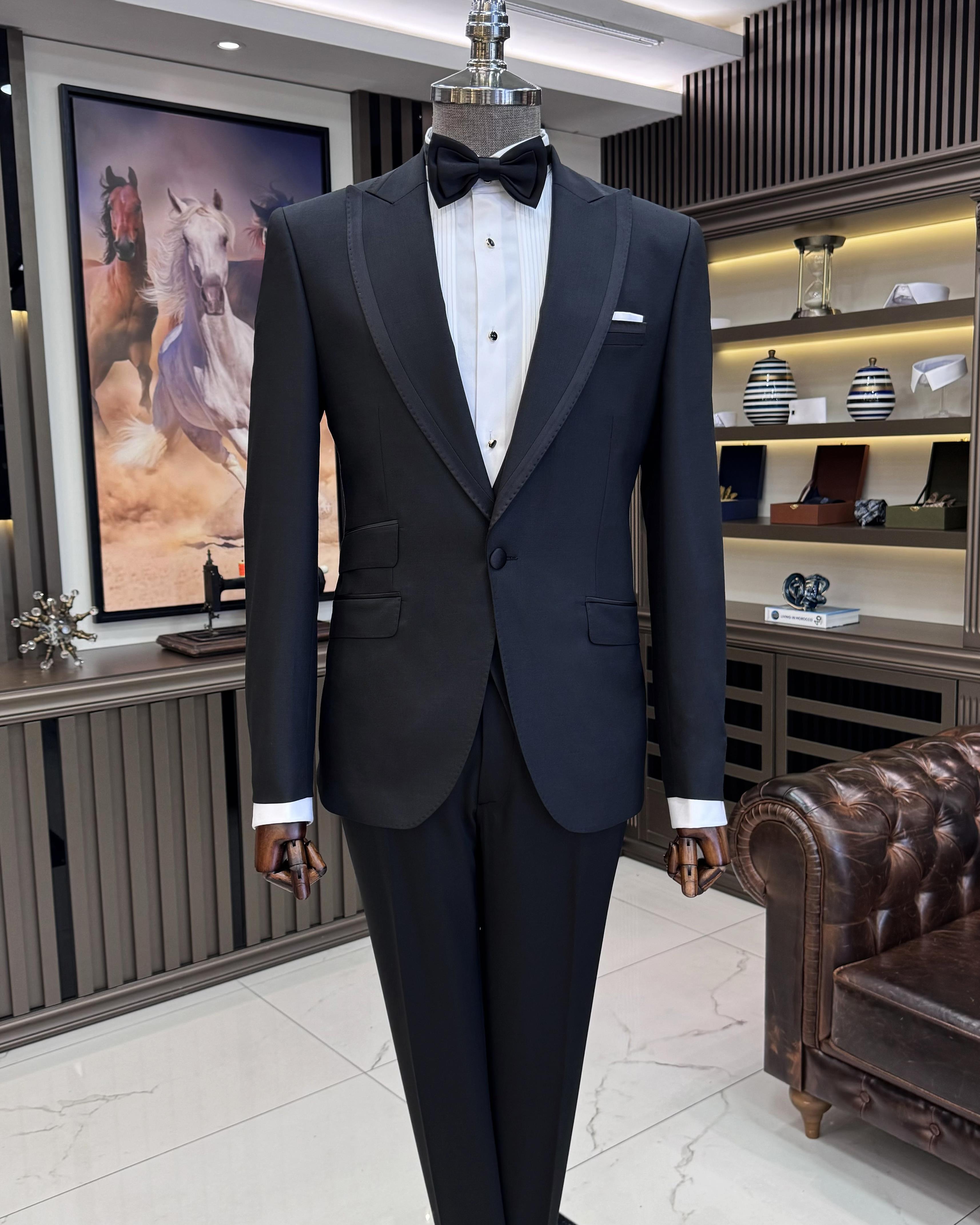İtalyan stil slim fit kırlangıç yaka ceket yelek pantolon damatlık set siyah T11609