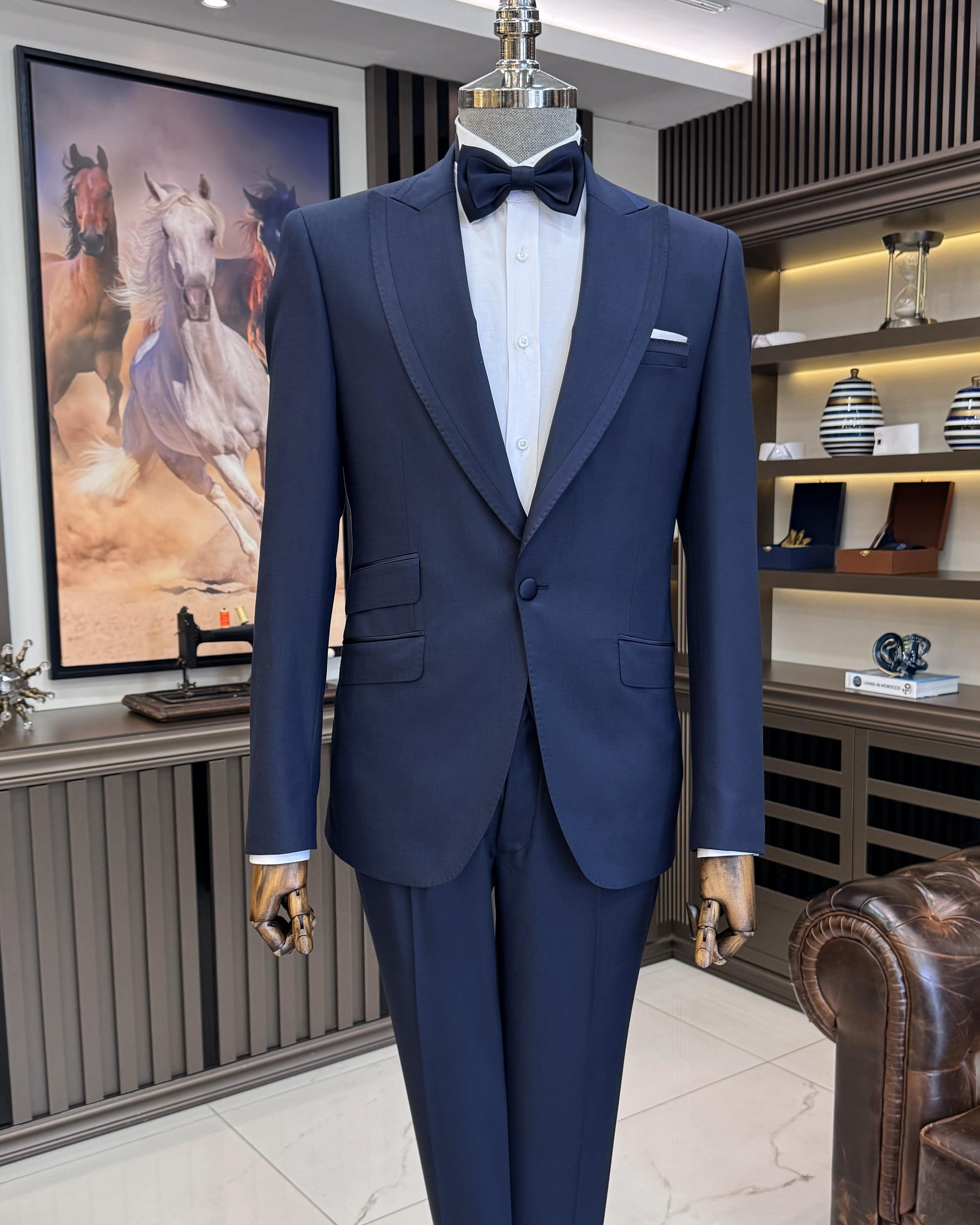İtalyan stil slim fit kırlangıç yaka ceket yelek pantolon damatlık set lacivert T11608