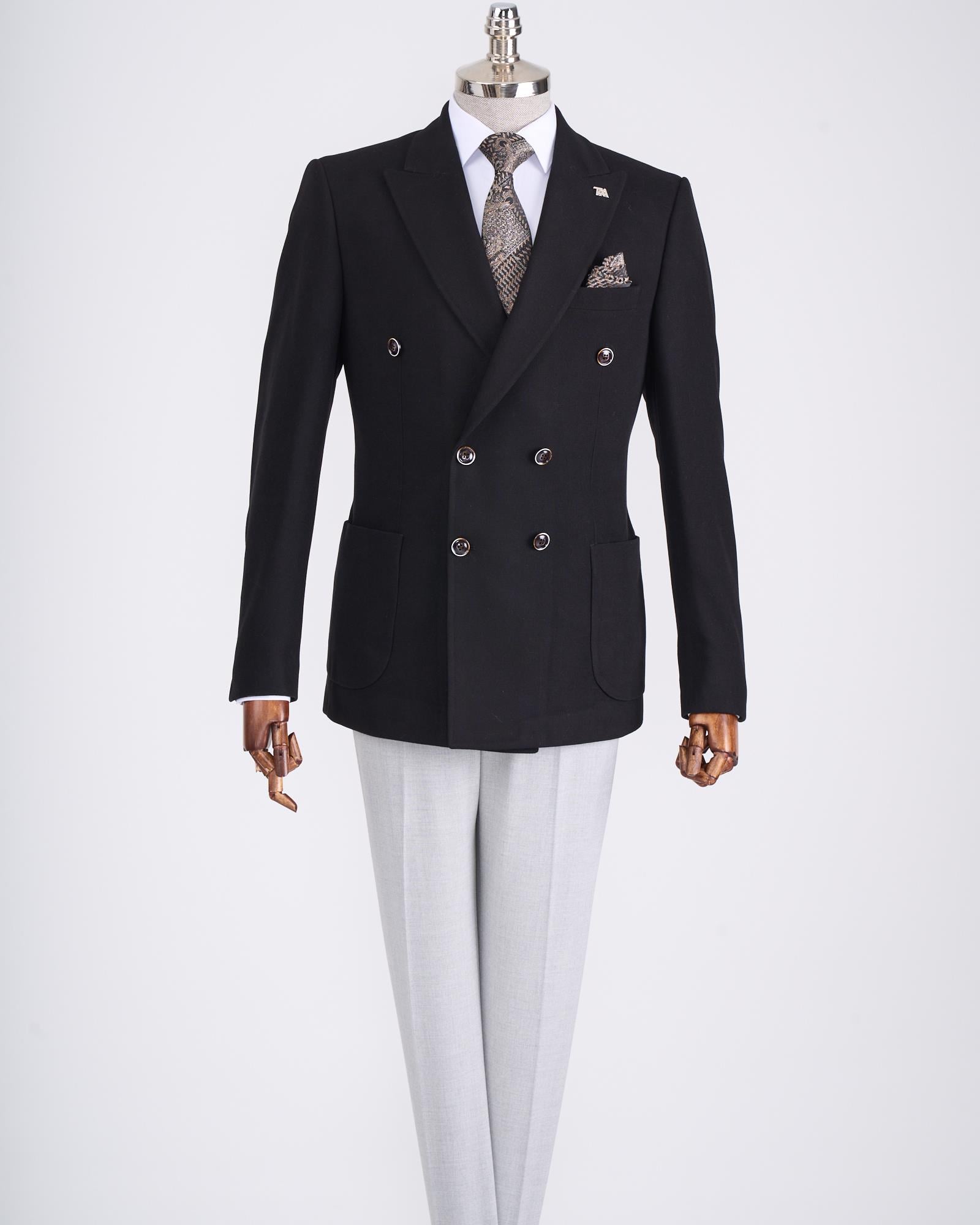 İtalyan stil slim fit kravuze erkek tek ceket siyah T13340