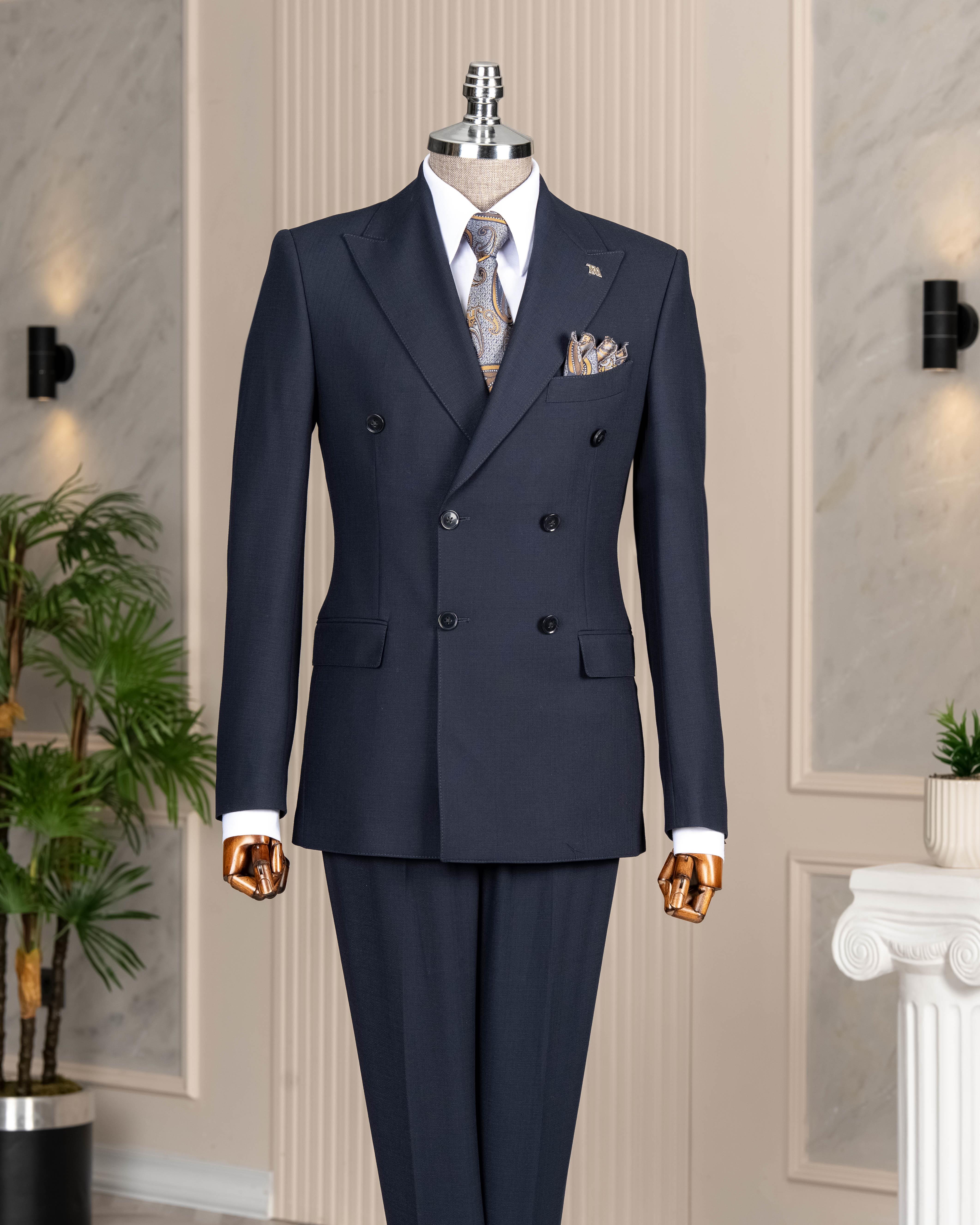 İtalyan stil slim fit kruvaze ceket pantolon takım elbise lacivert T14737