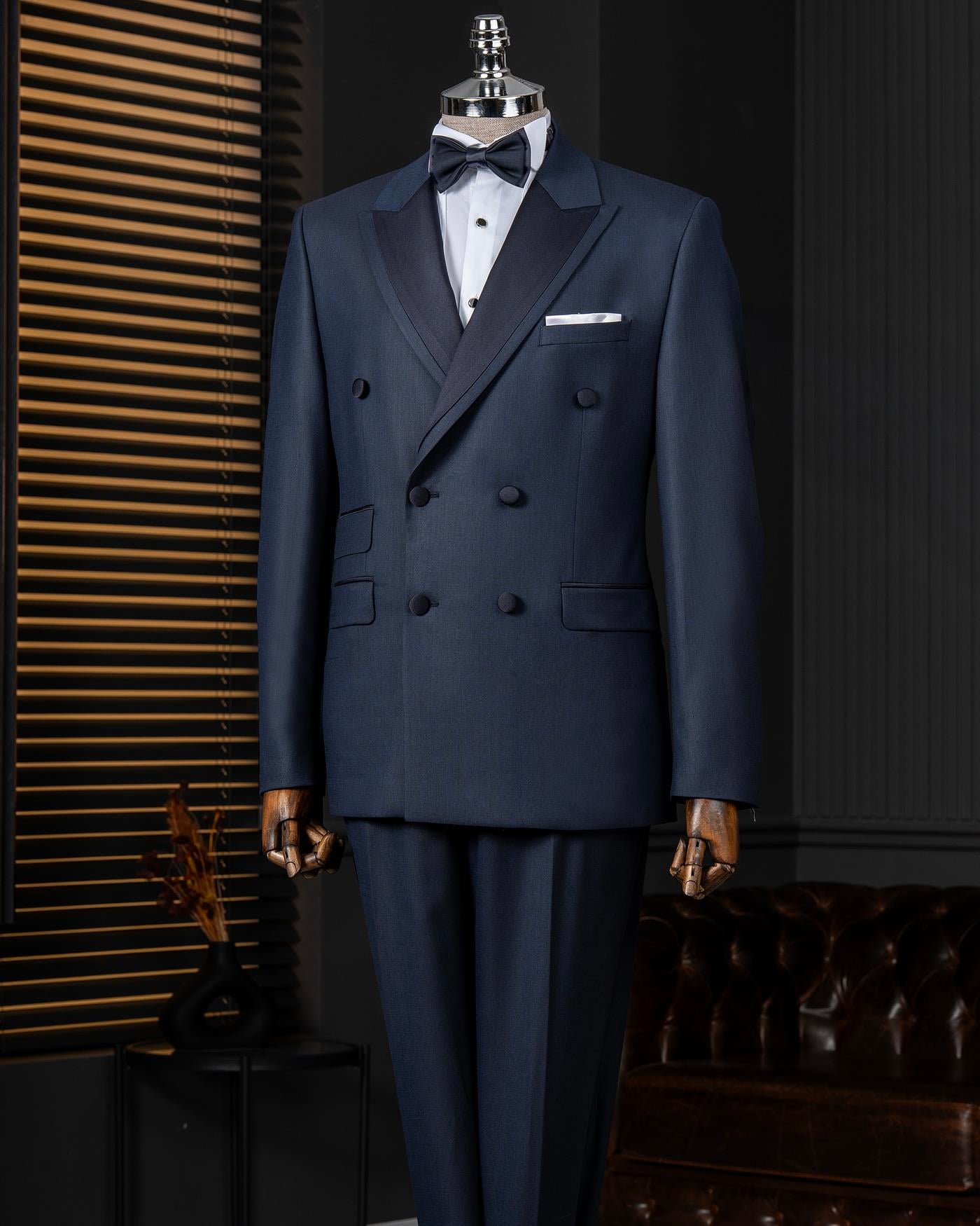 İtalyan stil slim fit kruvaze ceket pantolon damatlık set lacivert T14005