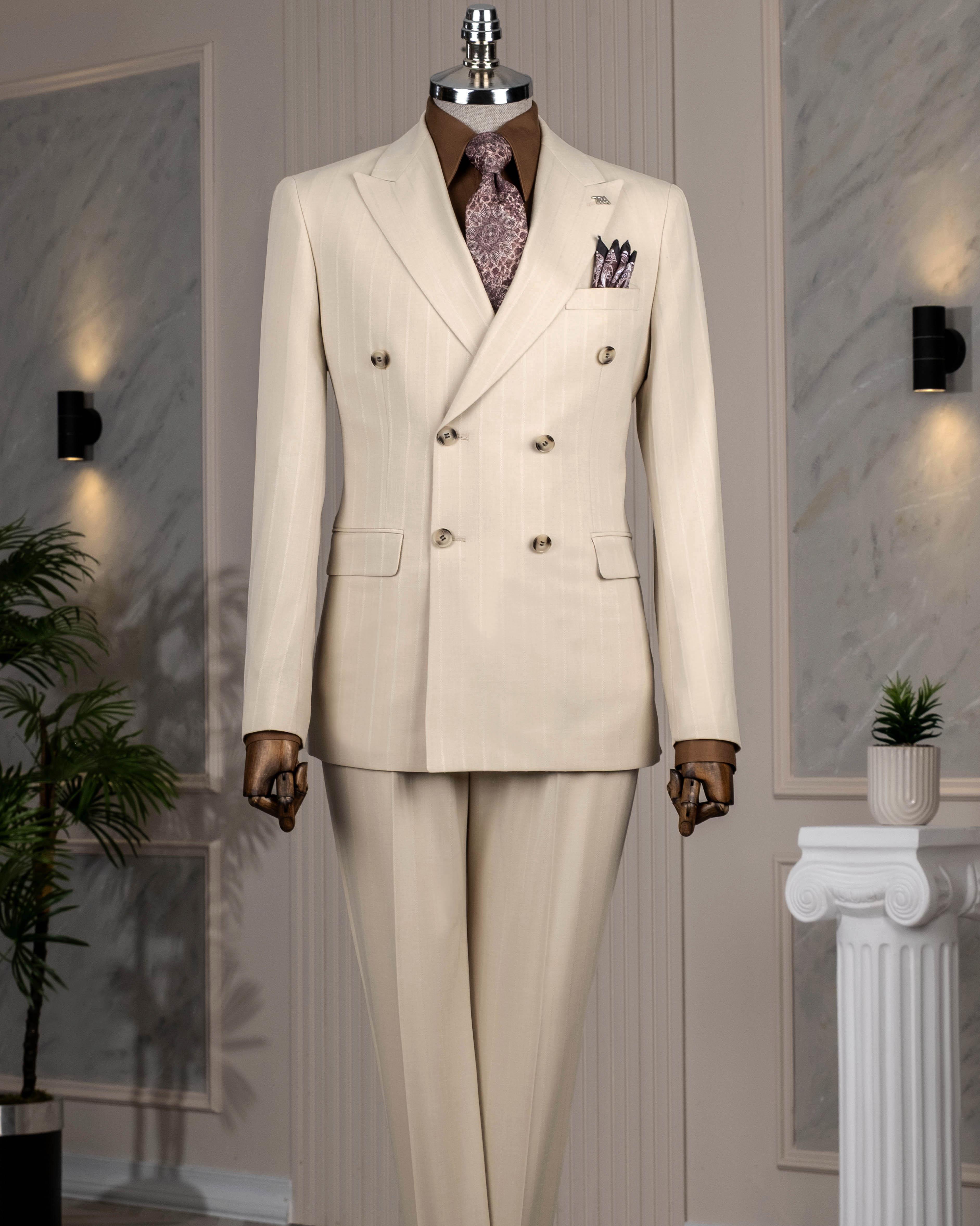 İtalyan stil slim fit kruvaze ceket pantolon takım elbise bej T14202