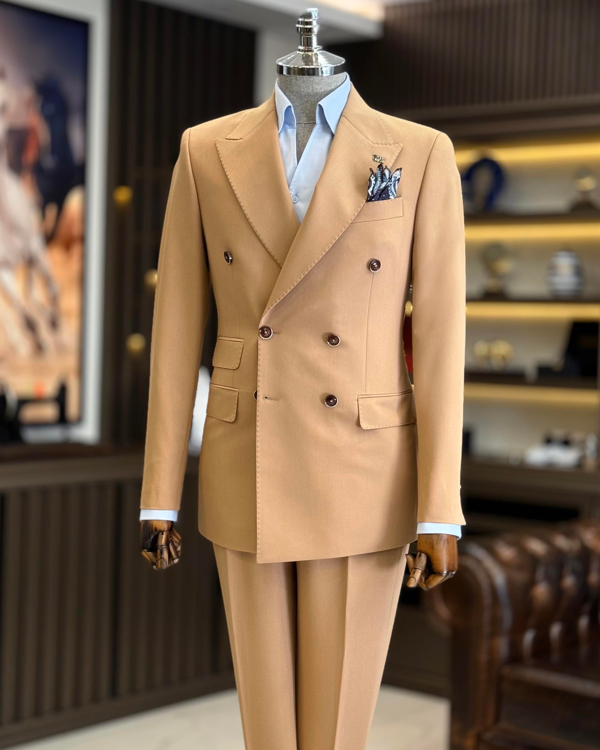 İtalyan stil slim fit kruvaze ceket pantolon takım elbise camel T12603