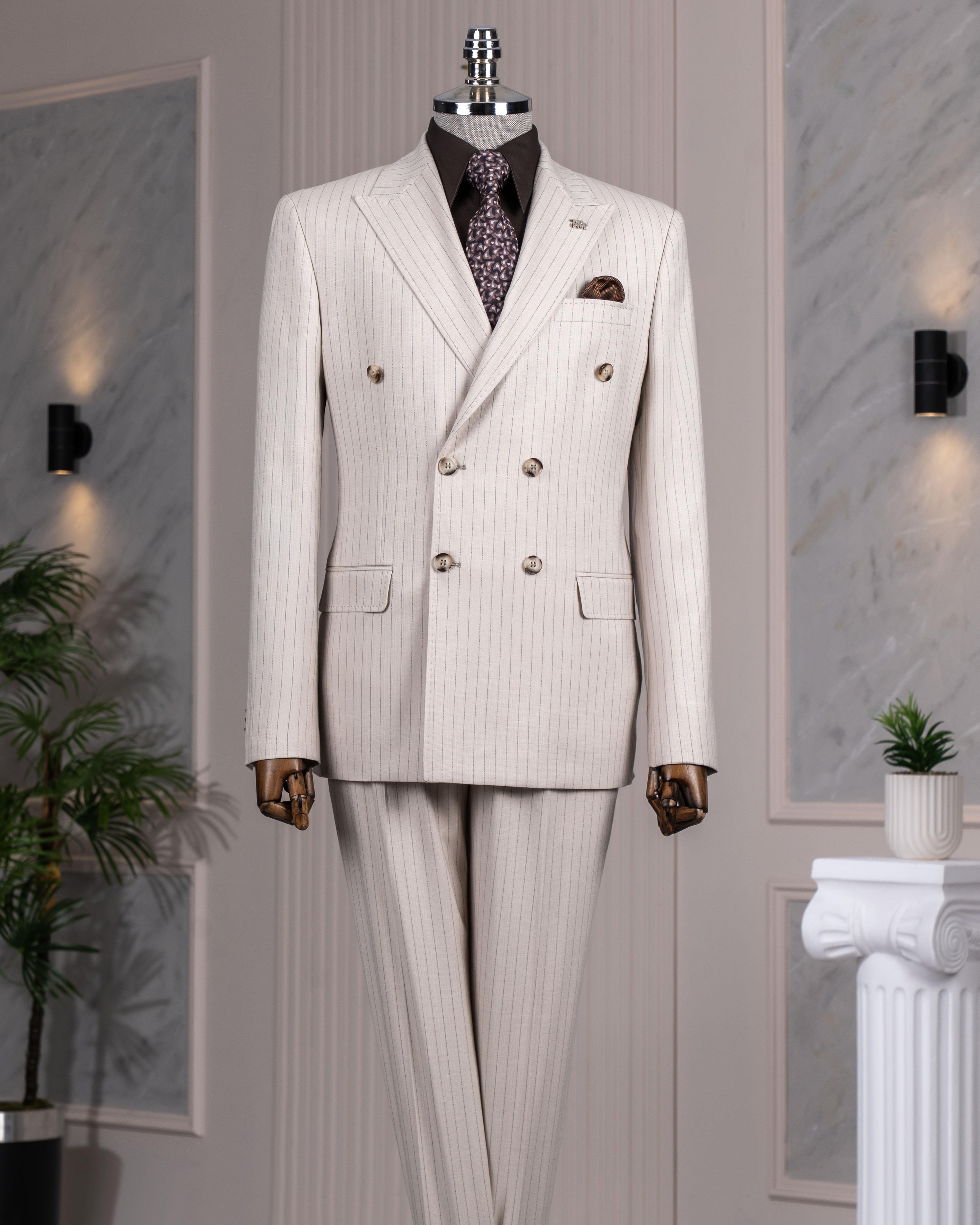 İtalyan stil slim fit kruvaze ceket pantolon takım elbise bej T14468