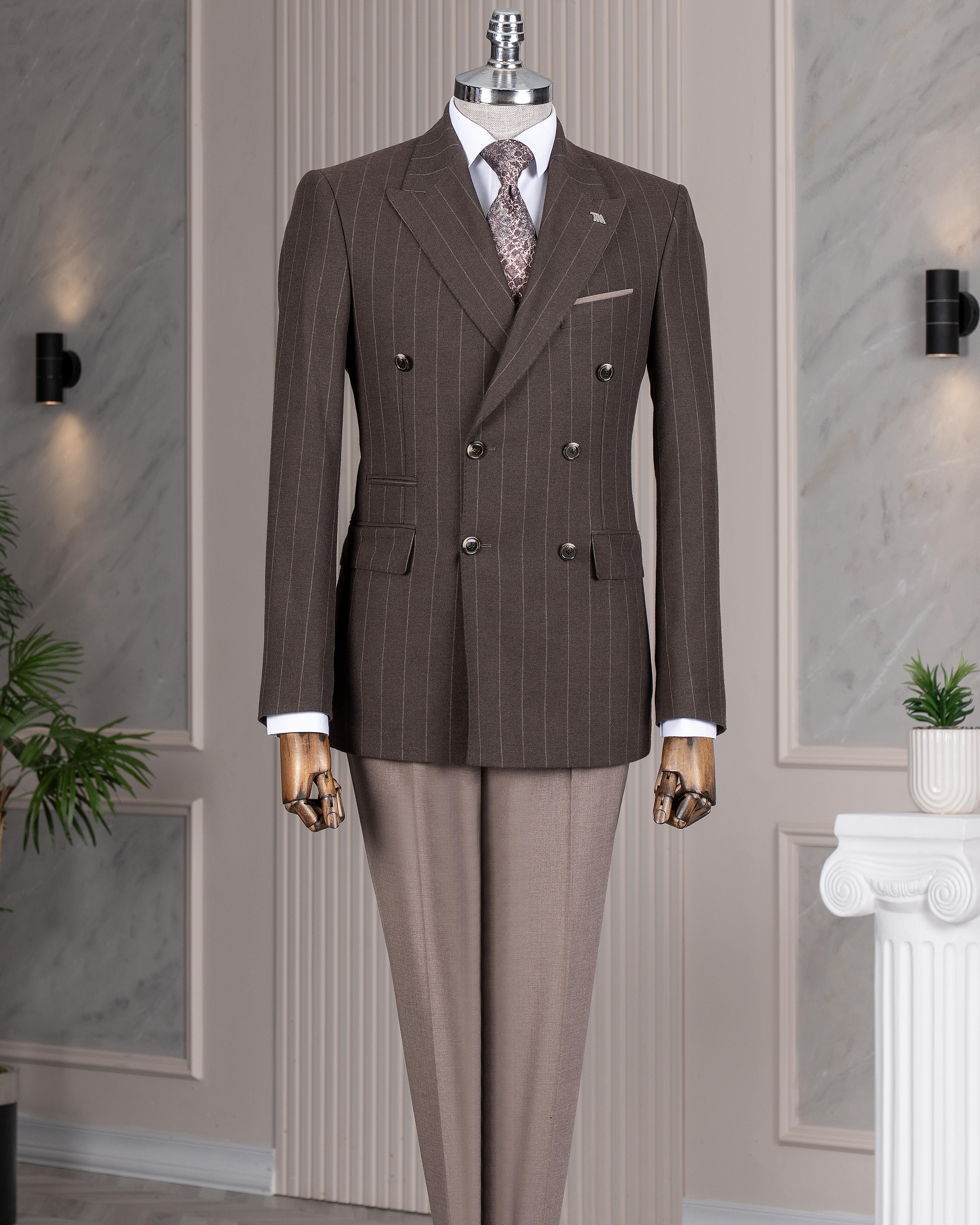 İtalyan stil slim fit kruvaze ceket pantolon kombin takım elbise kahverengi  T14657