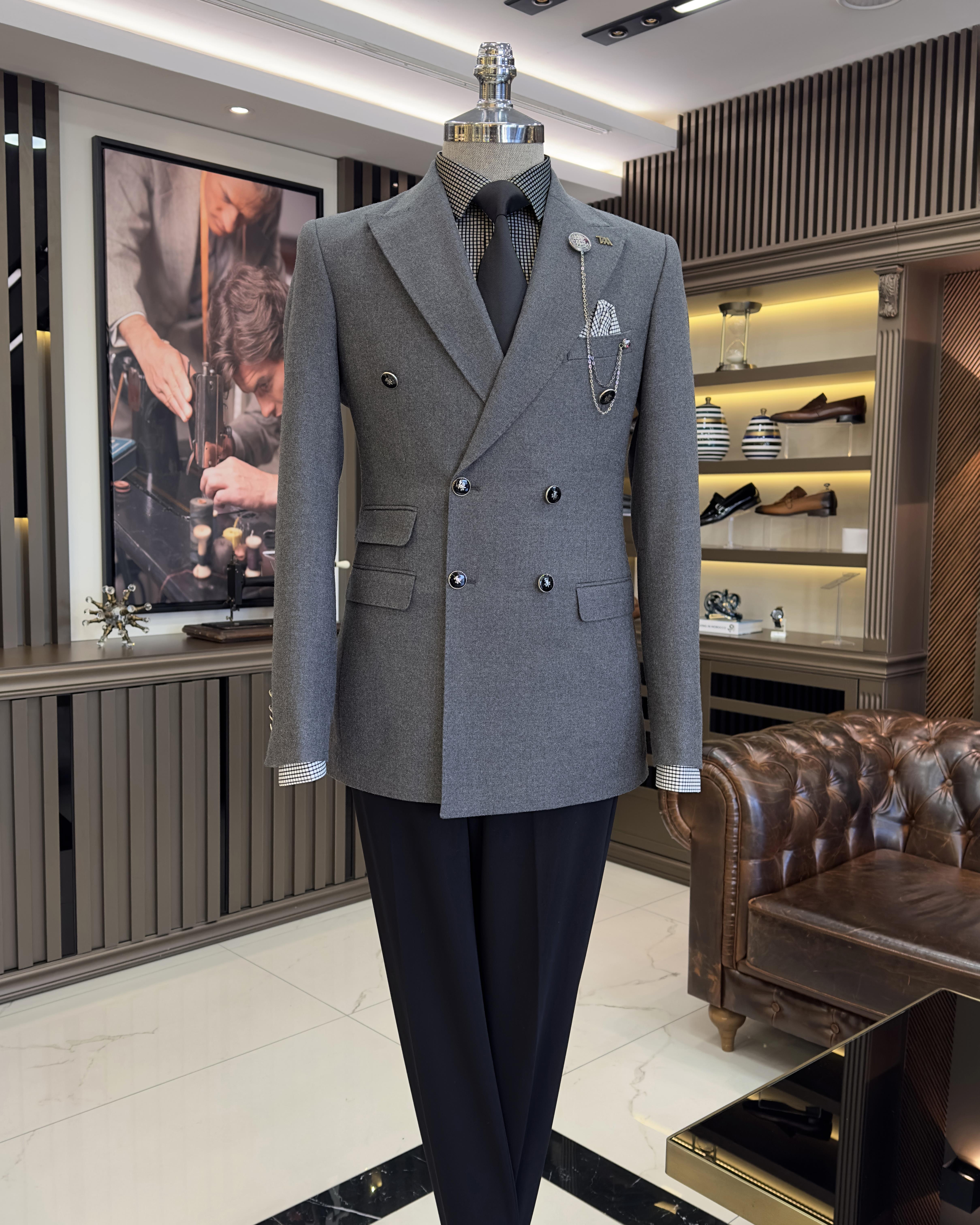 İtalyan stil slim fit kruvaze erkek ceket gri T10740