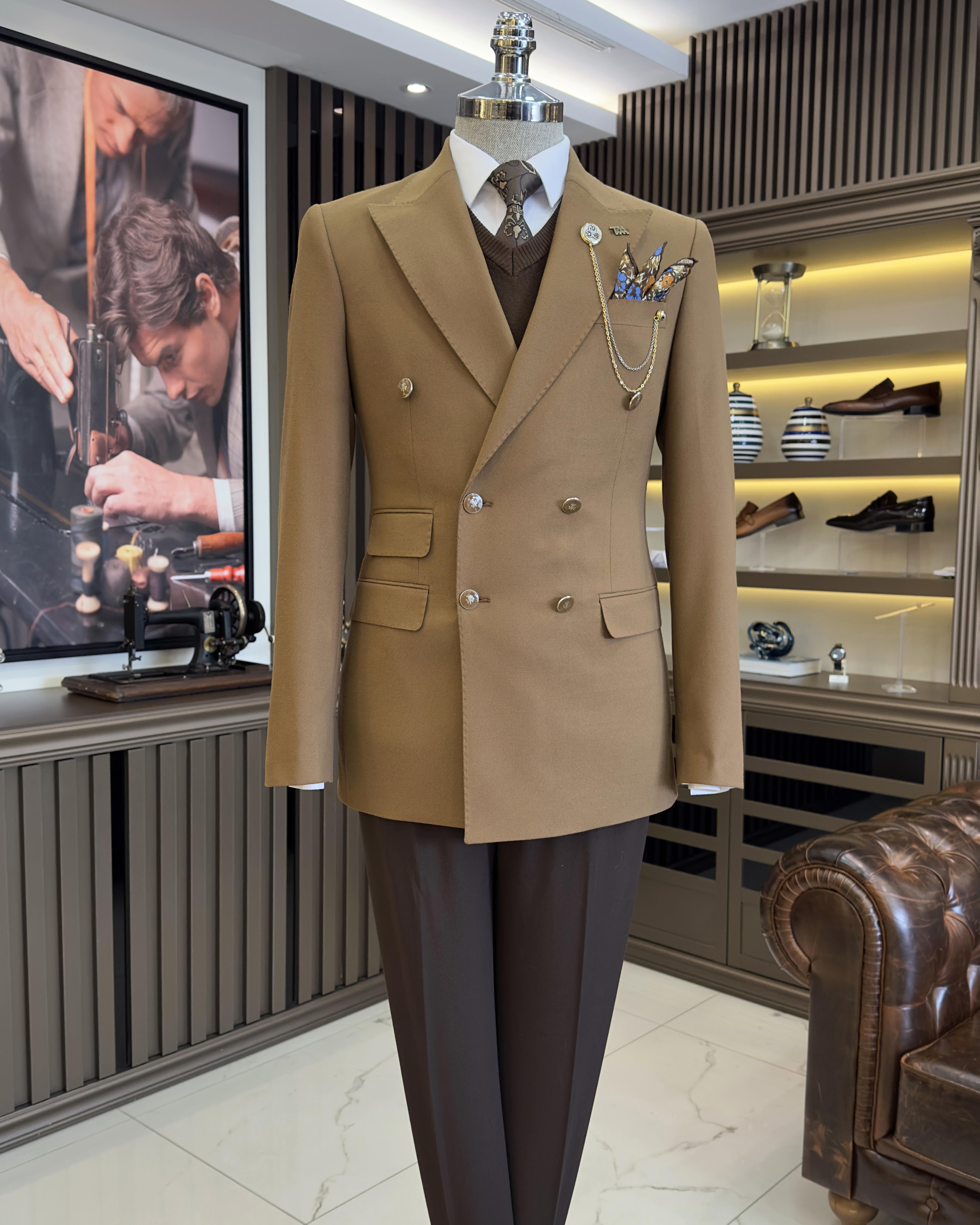 İtalyan stil slim fit kruvaze erkek ceket kahverengi T10768