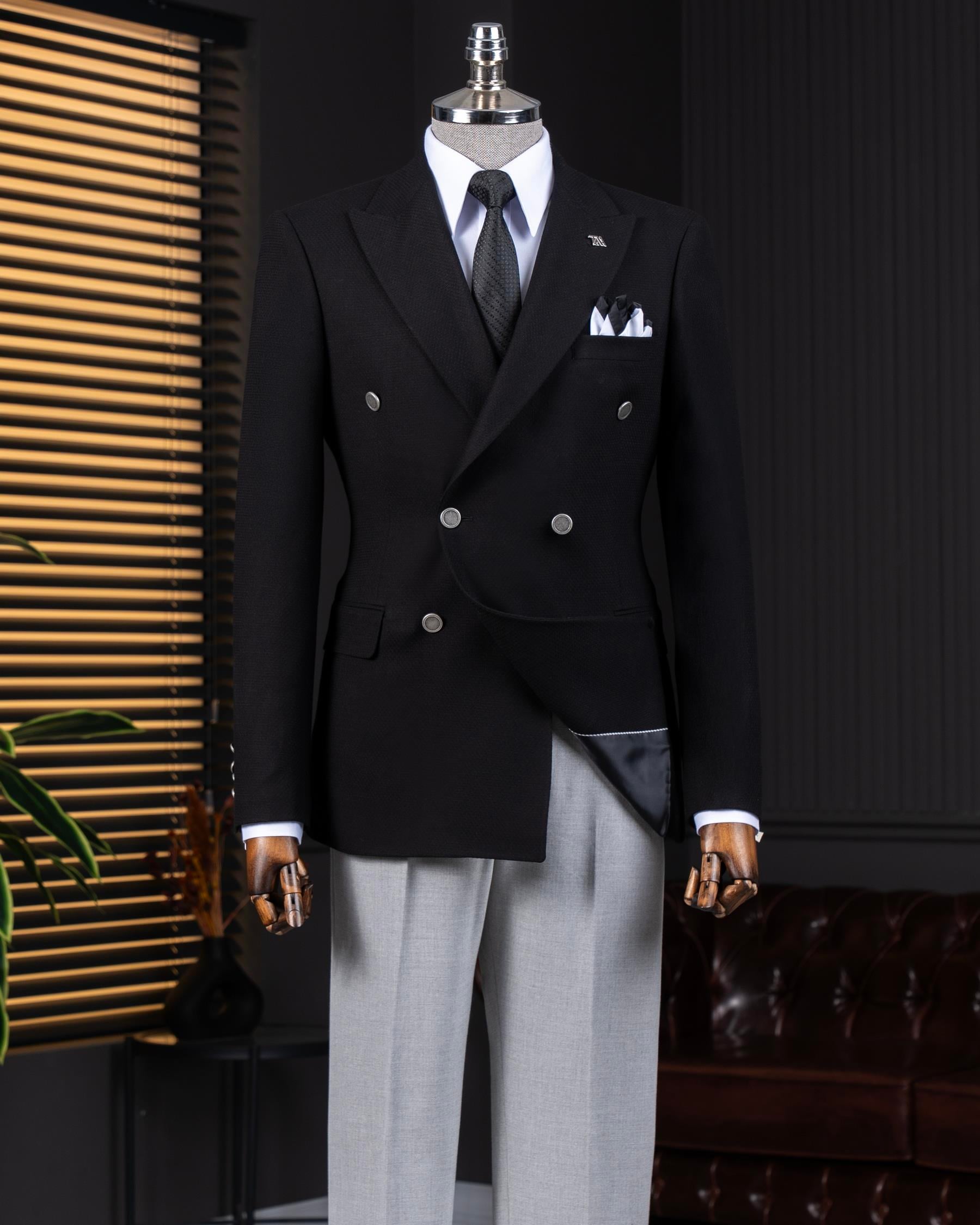 İtalyan stil slim fit kruvaze erkek tek ceket siyah T14397