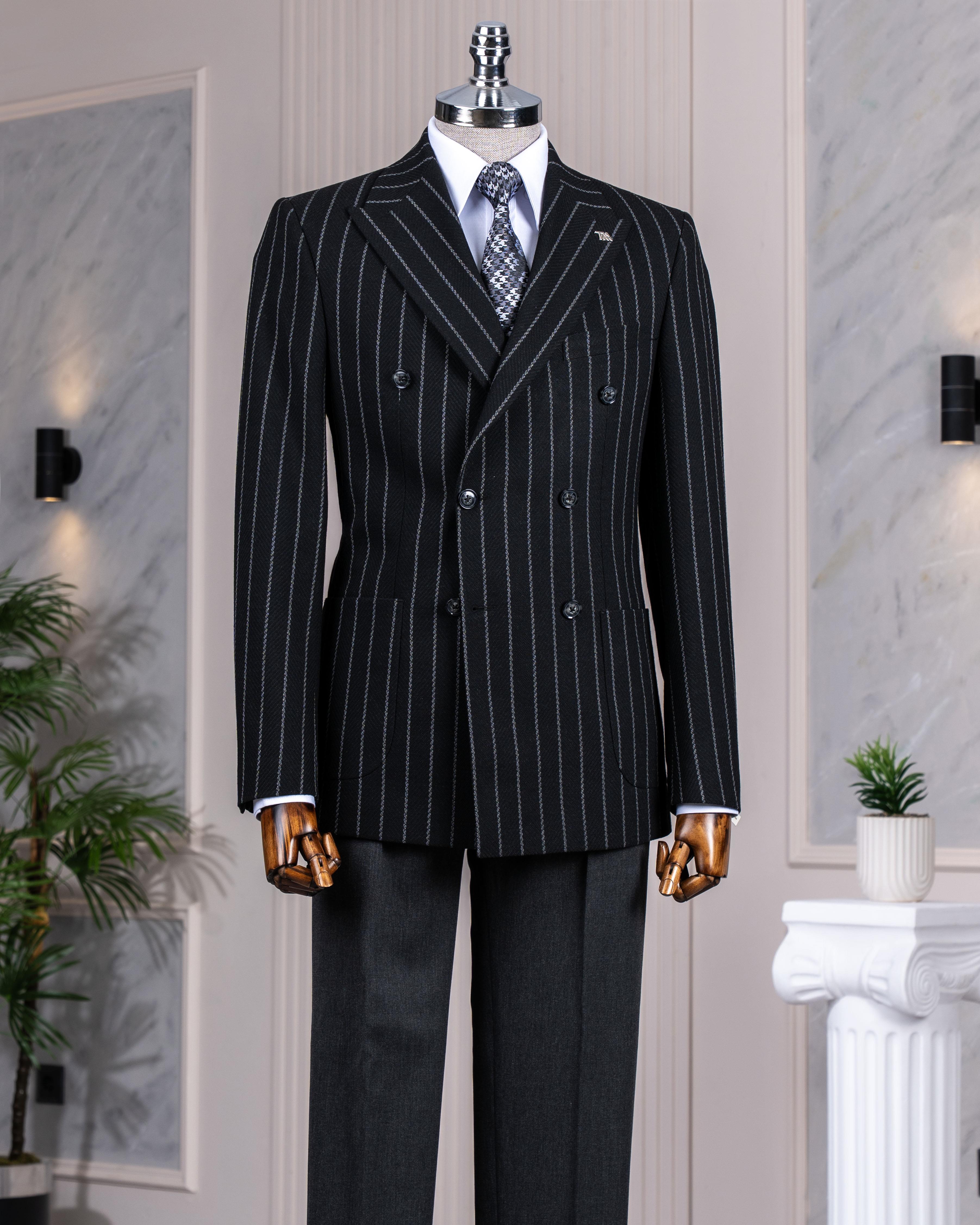 İtalyan stil slim fit kruvaze erkek tek ceket siyah T14336