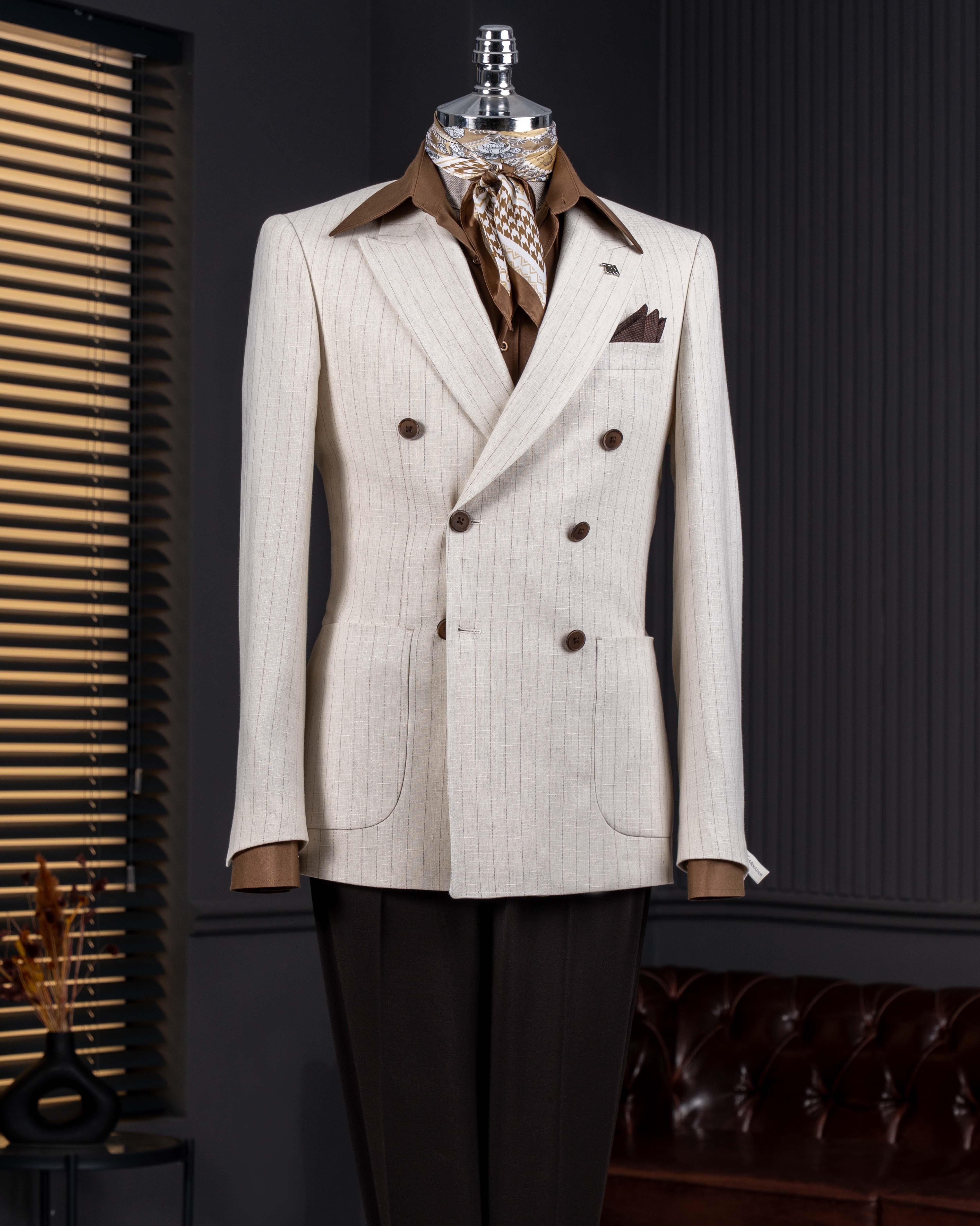 İtalyan stil slim fit kruvaze erkek tek ceket bej T14282