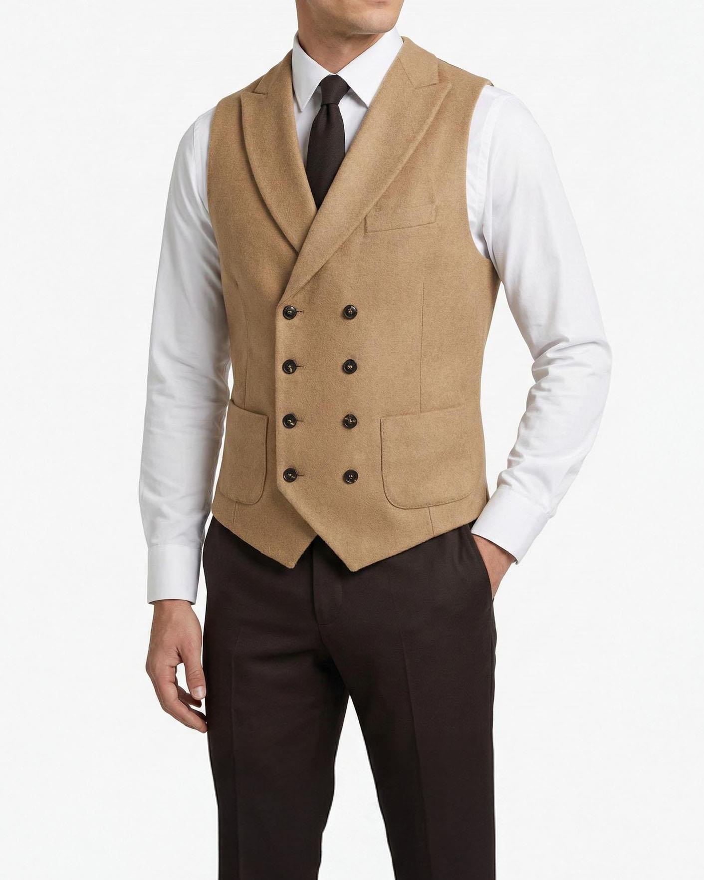 İtalyan stil slim fit kruvaze kaşe cepken yelek camel T10631