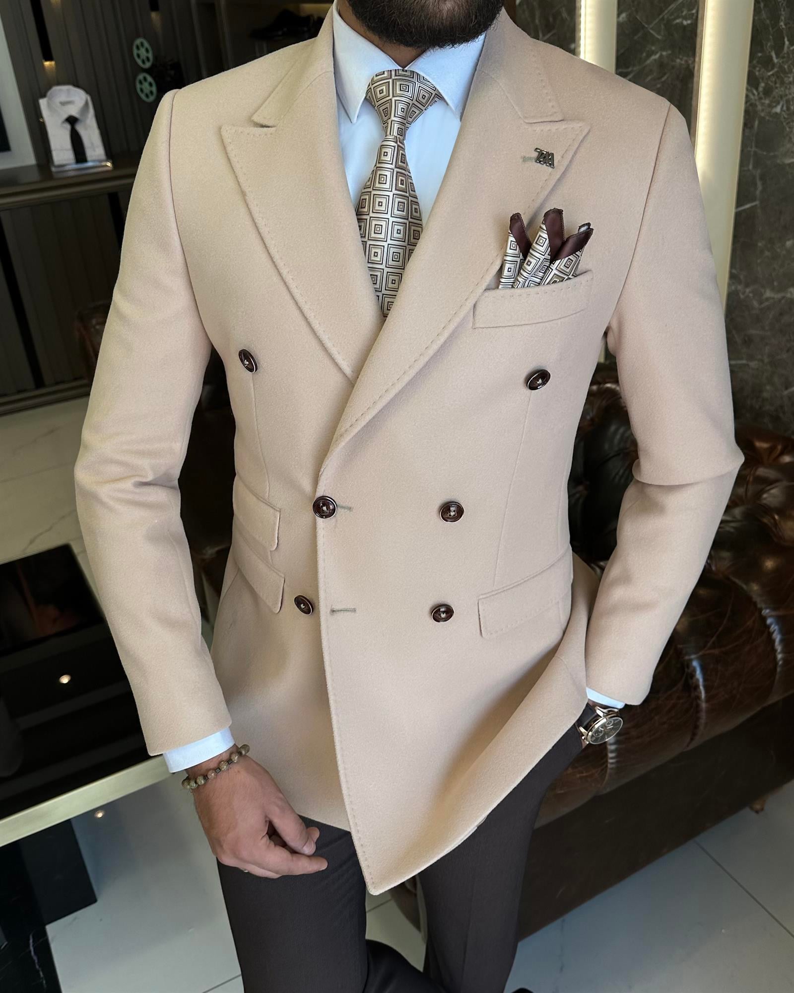 İtalyan stil slim fit kruvaze kaşe erkek ceket camel T10296