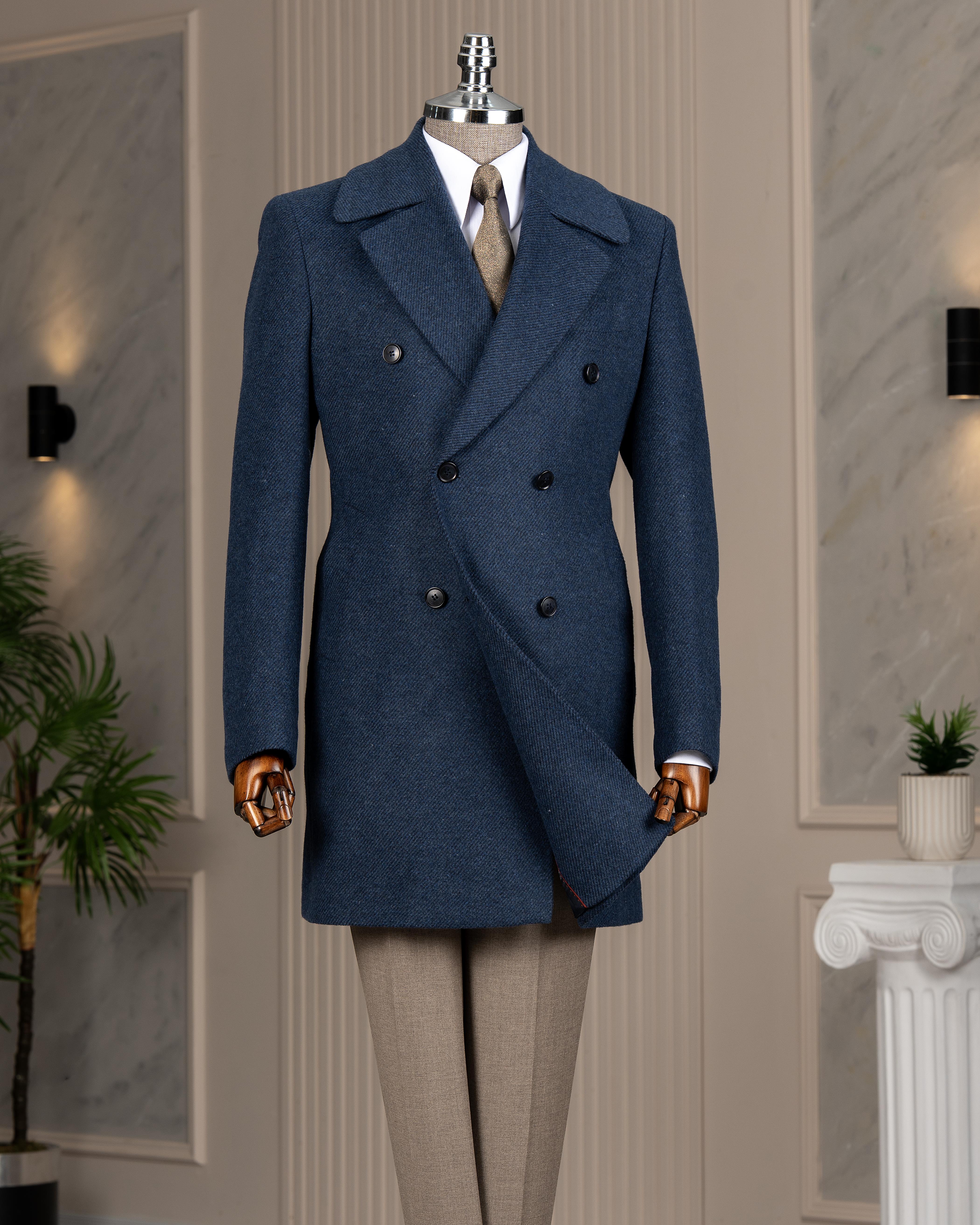 İtalyan stil slim fit kruvaze kaşe yan cepli erkek kaban lacivert T14987