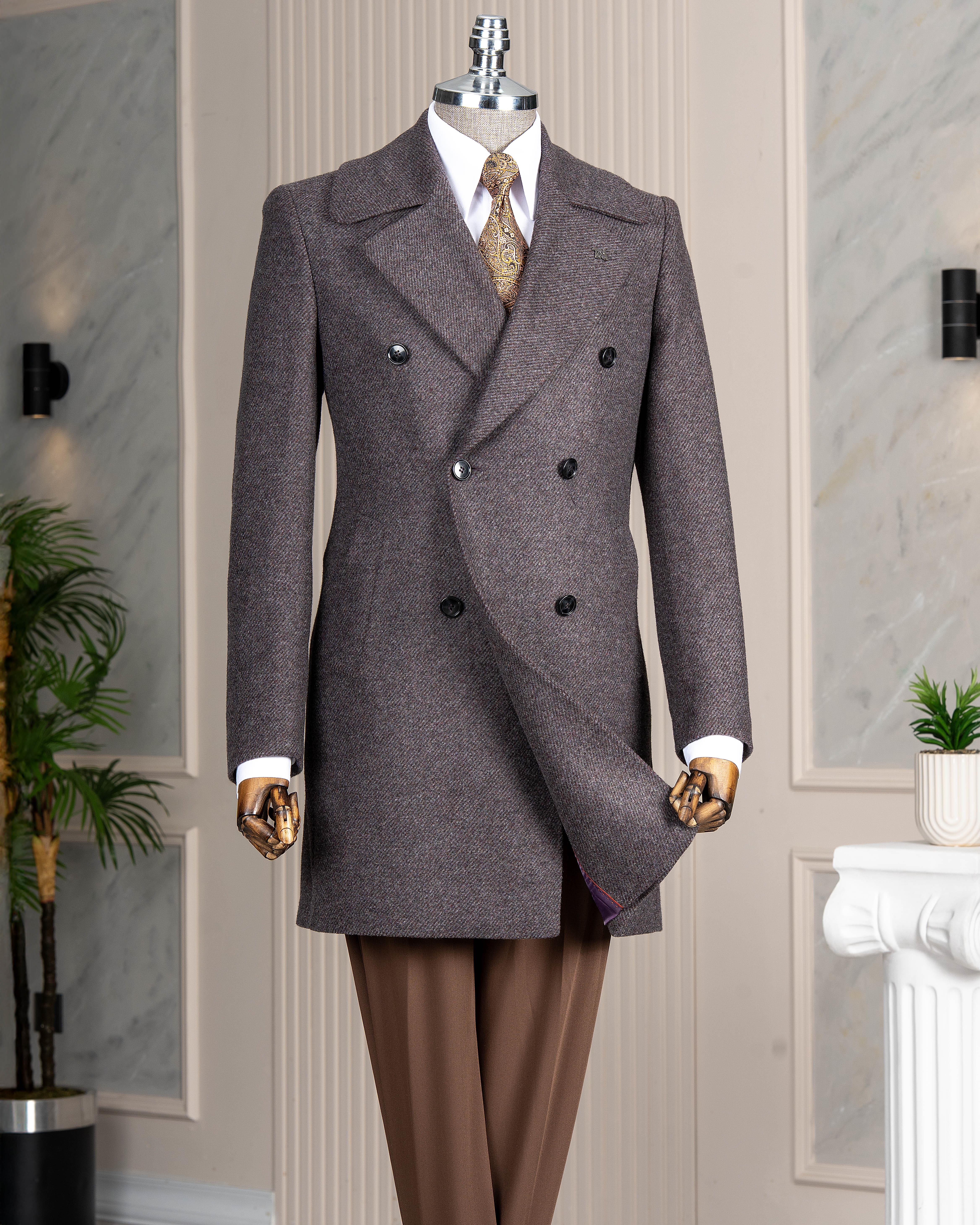 İtalyan stil slim fit kruvaze kaşe yan cepli erkek kaban bordo T15032