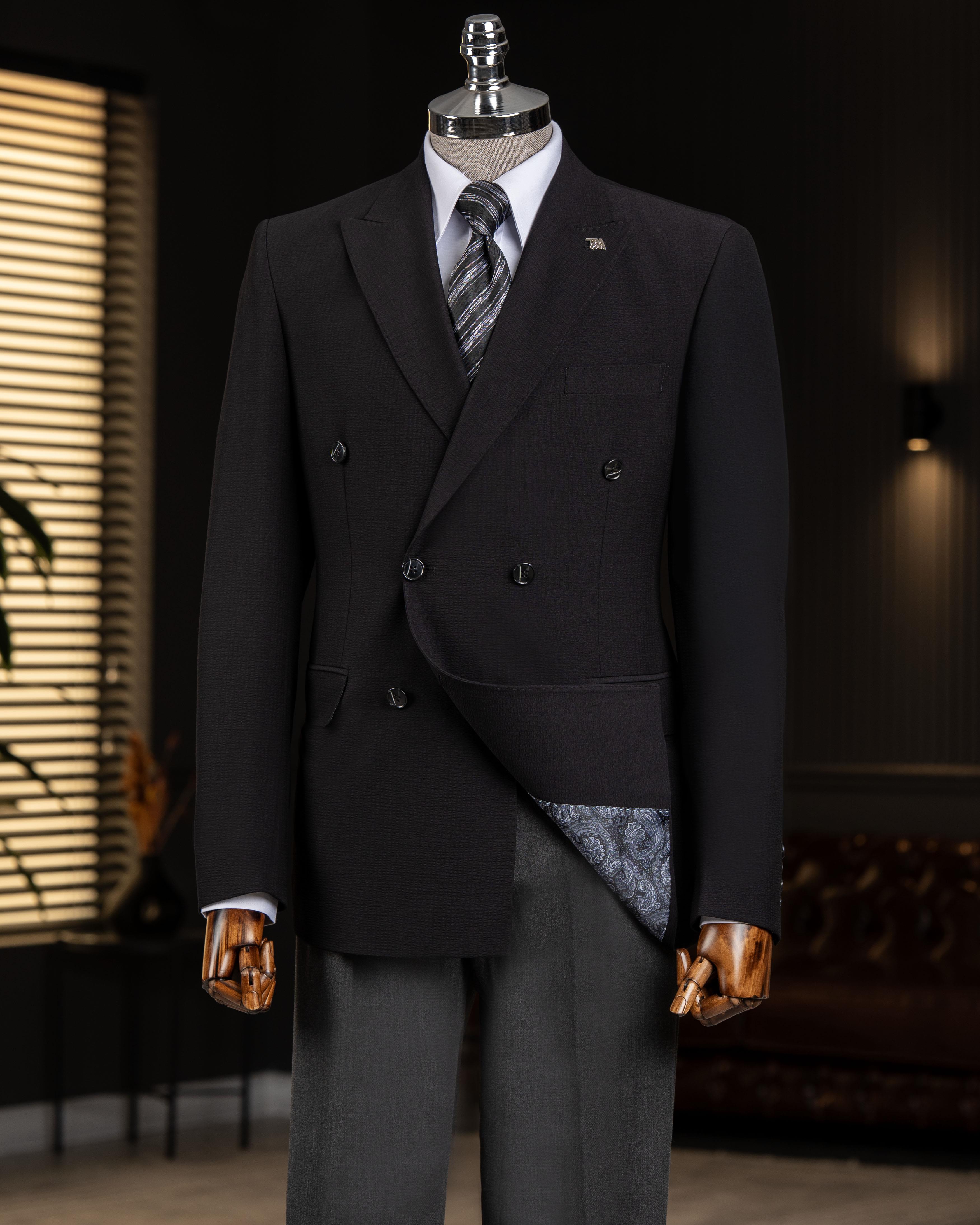 İtalyan stil slim fit kruvaze sivri yaka erkek ceket siyah  T13647