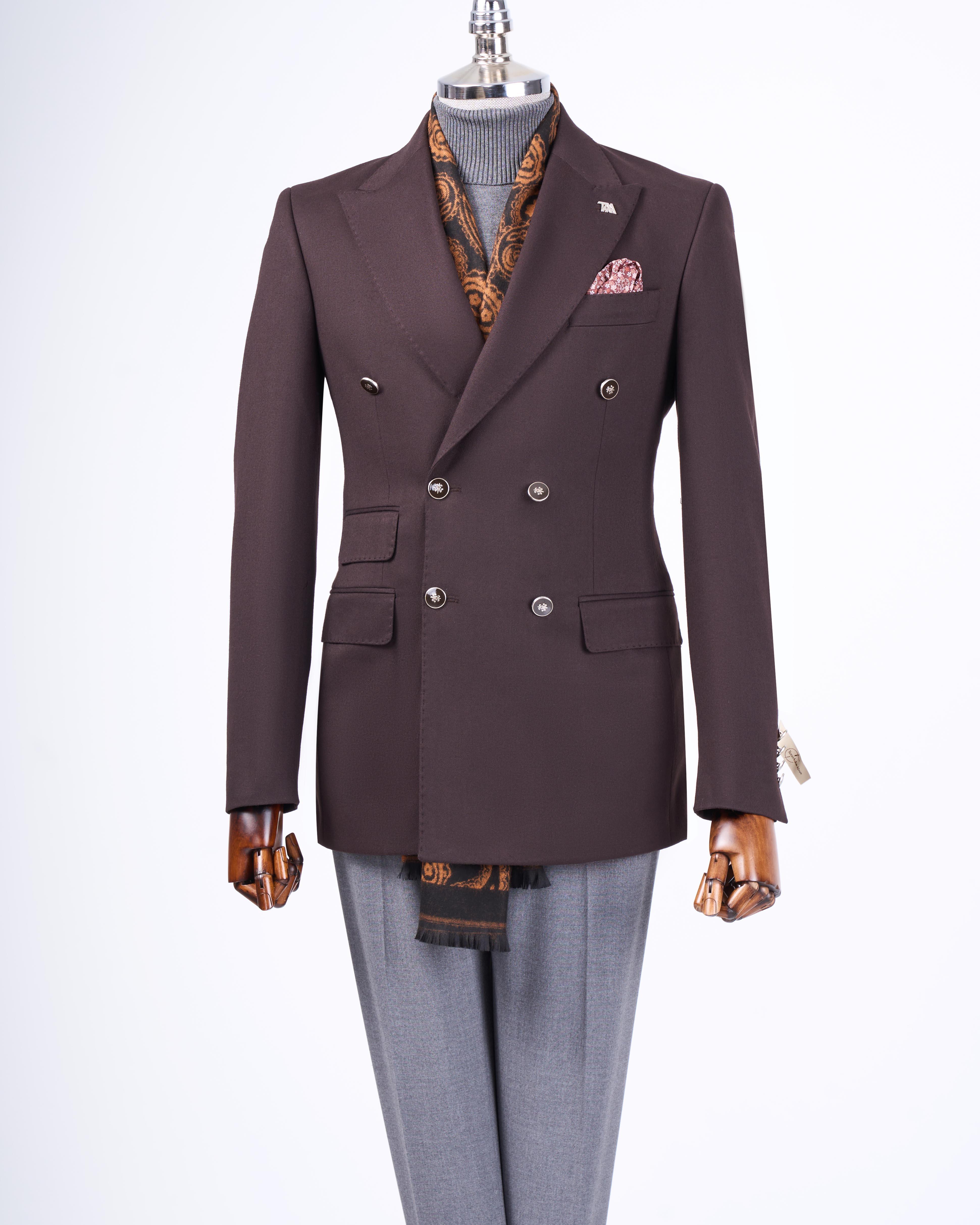 İtalyan stil slim fit kruvaze sivri yaka erkek ceket kahverengi T13294