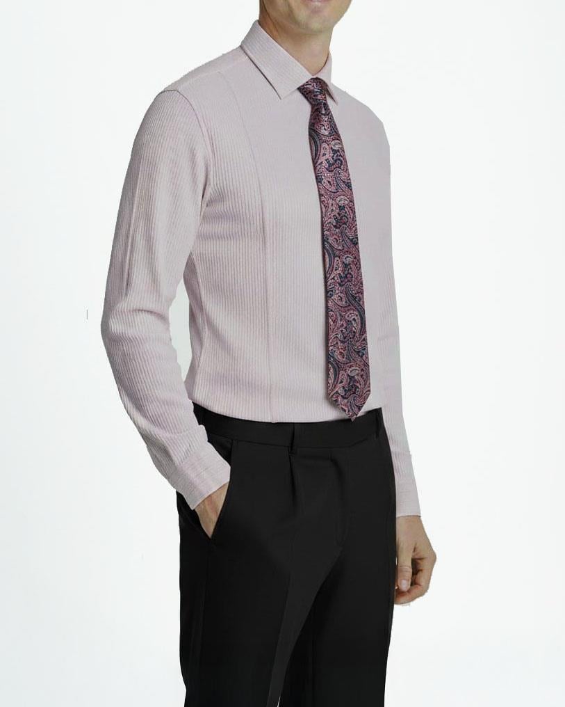 İtalyan stil slim fit likralı çizgili kravat yaka erkek gömlek mor T11926