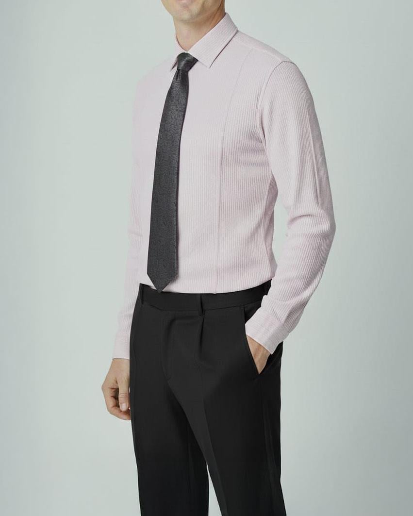 İtalyan stil slim fit likralı çizgili kravat yaka erkek gömlek lila T11927