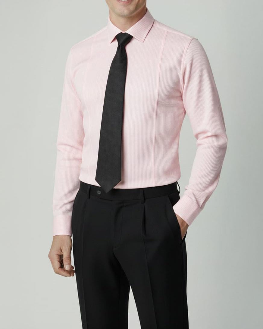 İtalyan stil slim fit likralı çizgili kravat yaka erkek gömlek pembe T11924