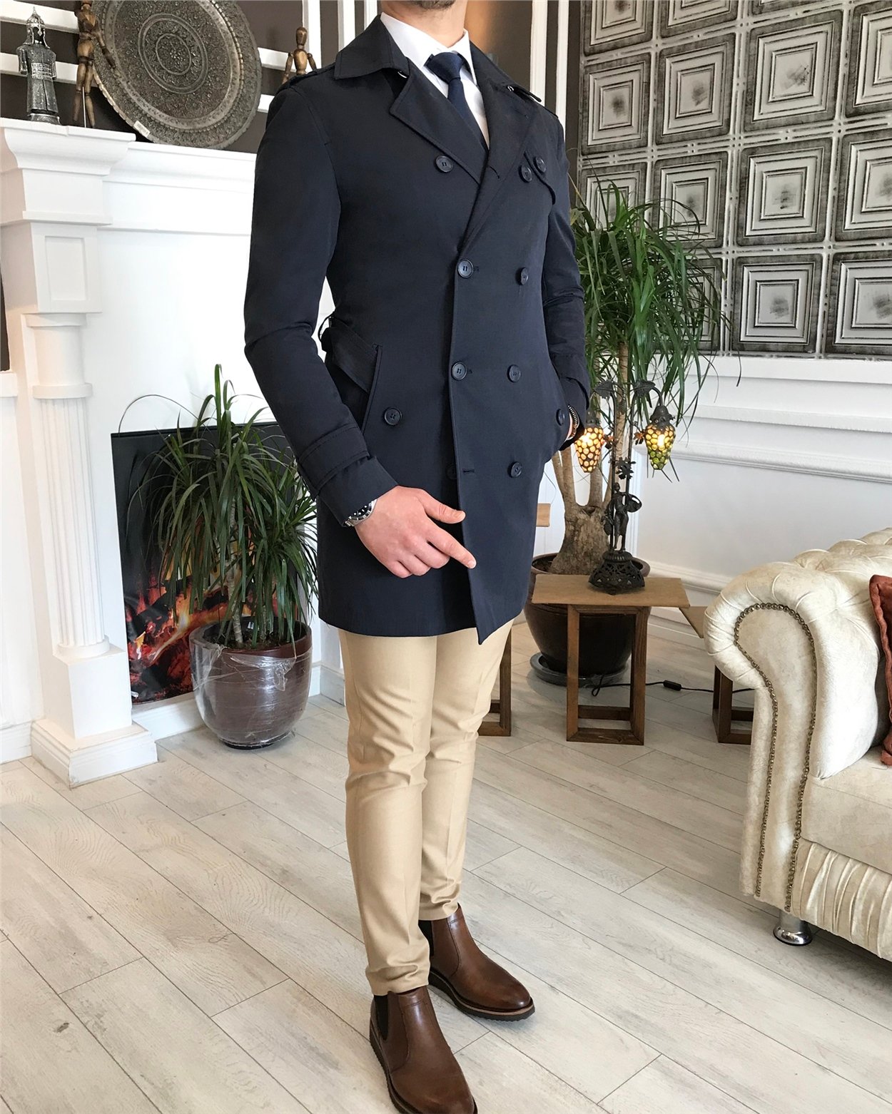 İtalyan stil slim fit mevsimlik erkek trençkot mont Lacivert T4979