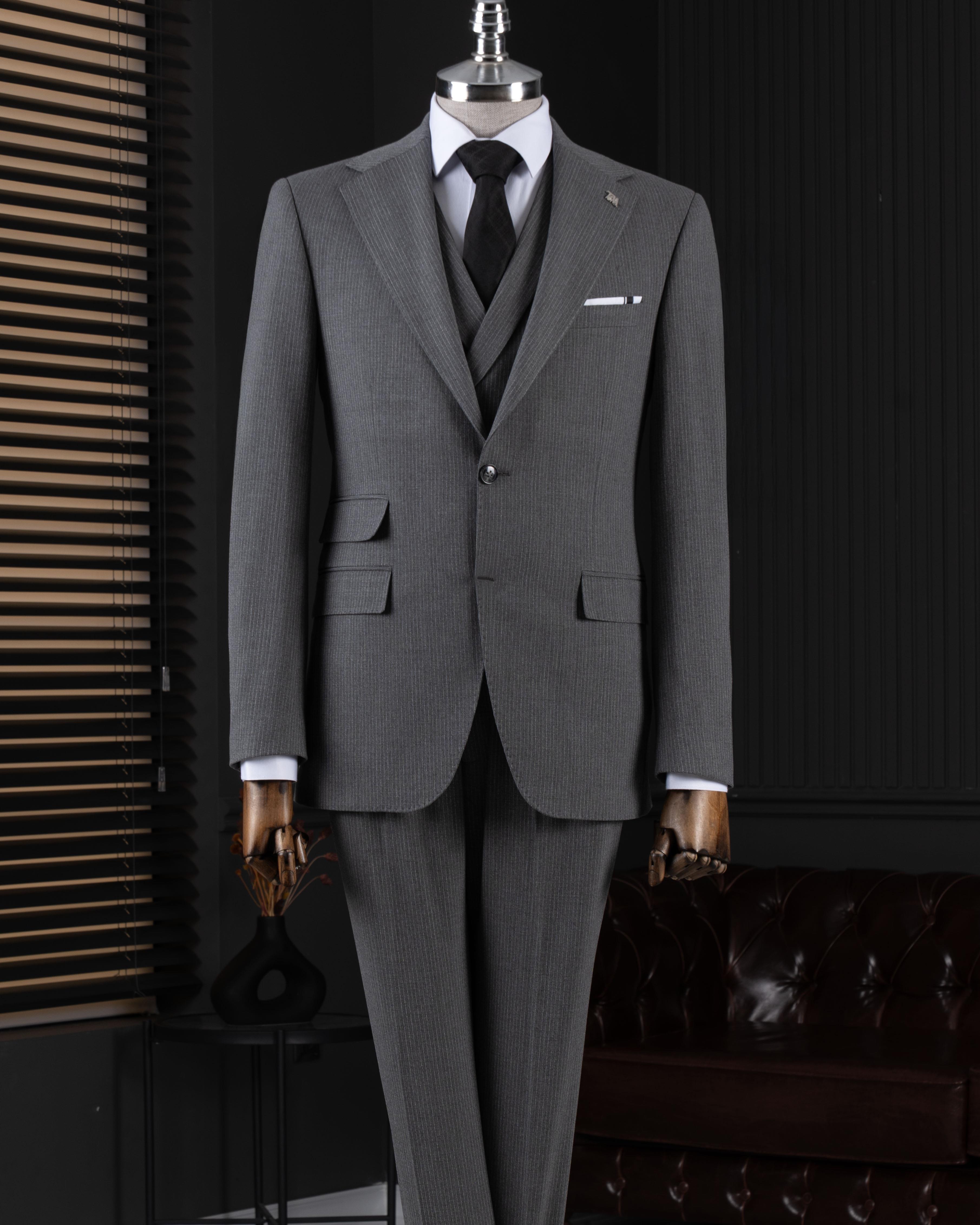 İtalyan stil slim fit mono yaka ceket pantolon takım elbise gri T14753