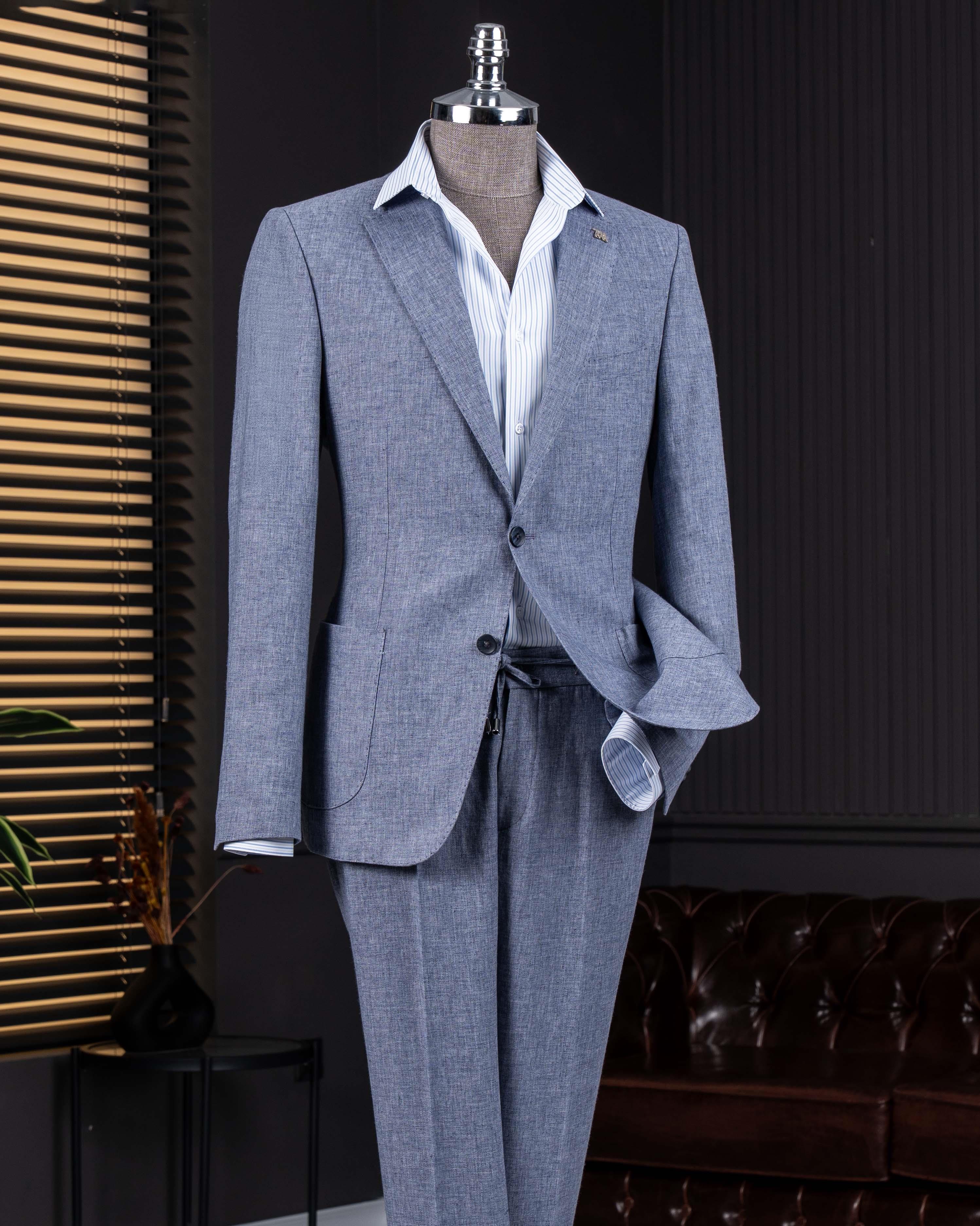 İtalyan stil slim fit mono yaka ceket pantolon takım elbise lacivert T14369