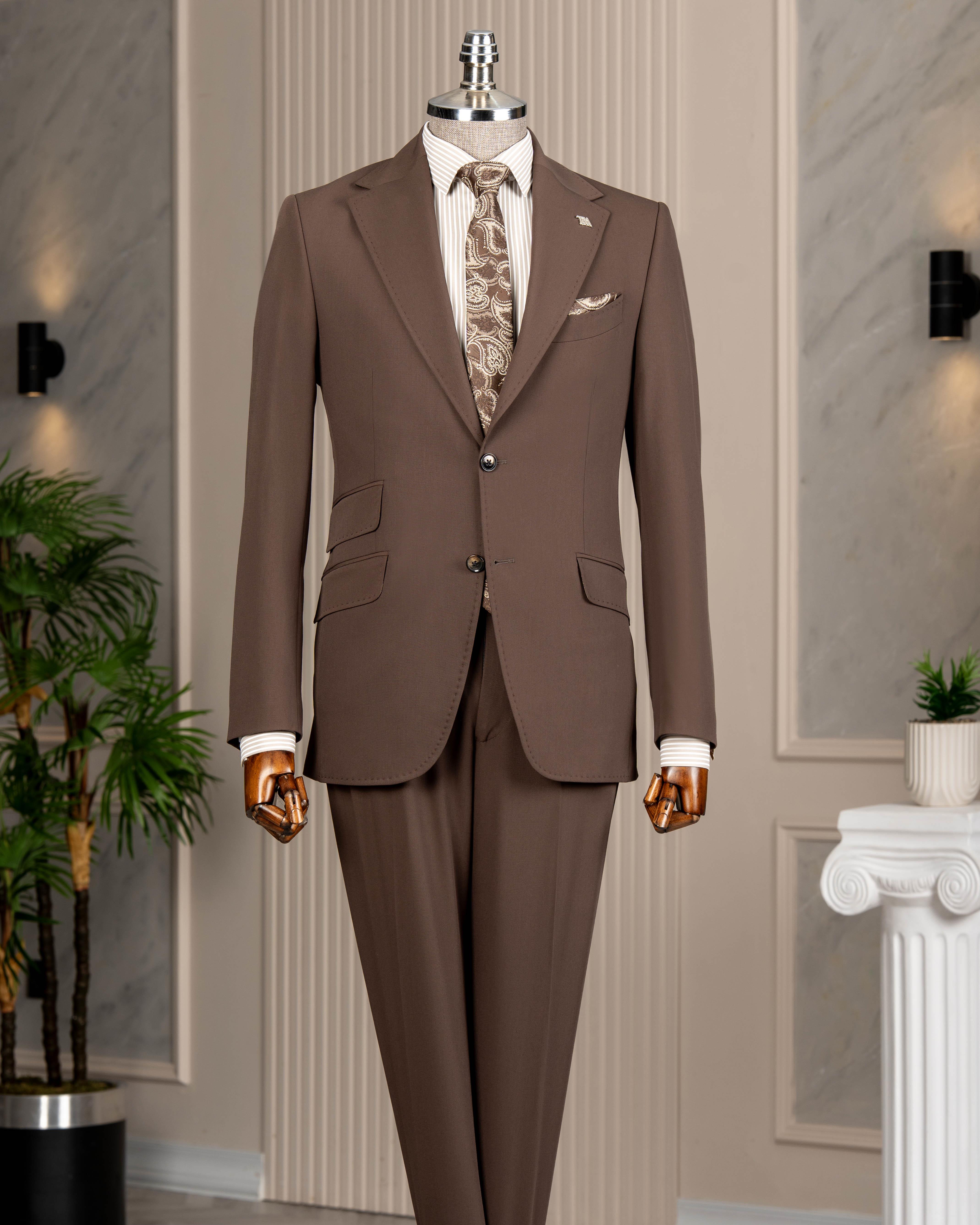 İtalyan stil slim fit mono yaka ceket pantolon takım elbise kahverengi T14747