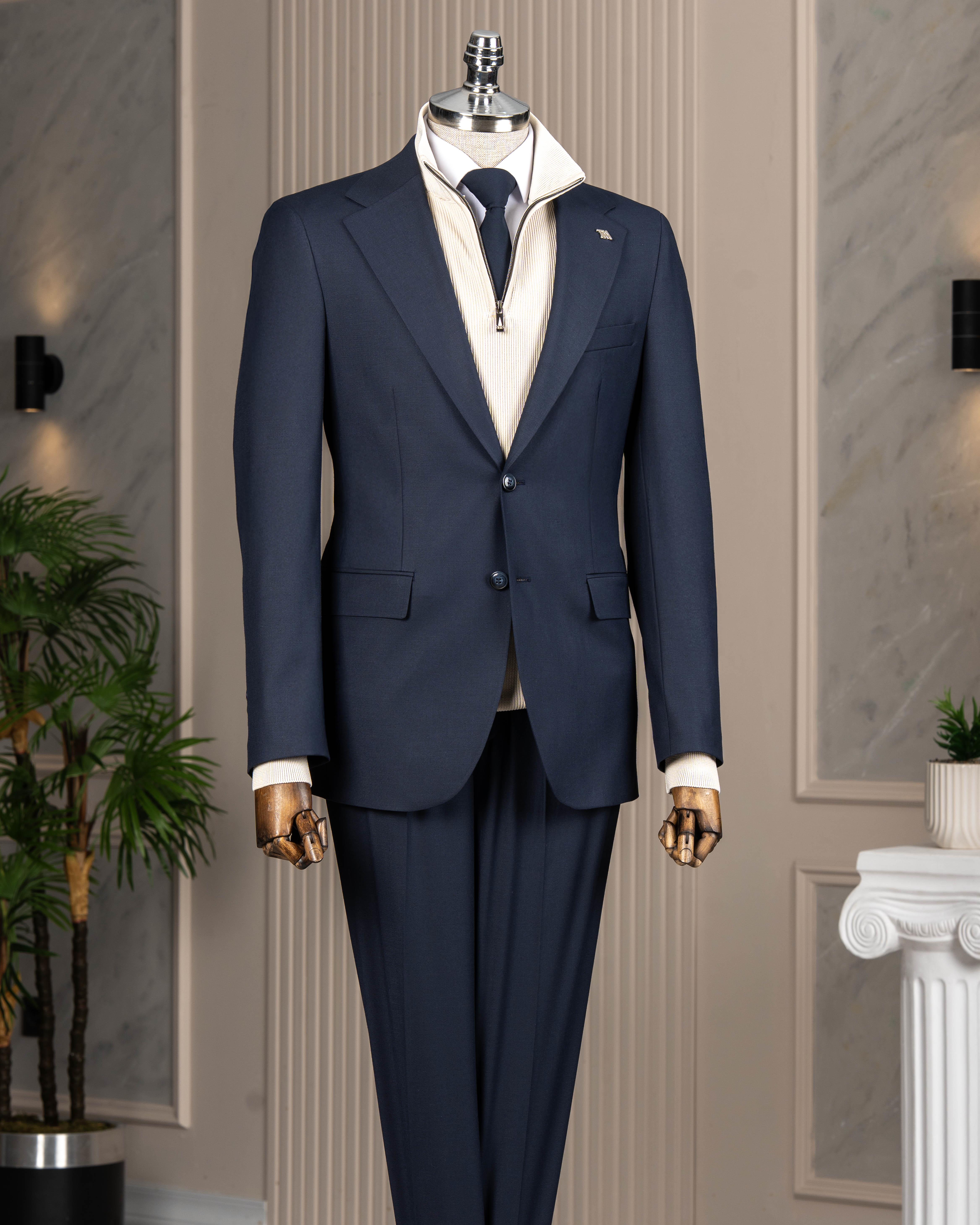 İtalyan stil slim fit mono yaka ceket pantolon takım elbise lacivert T14760