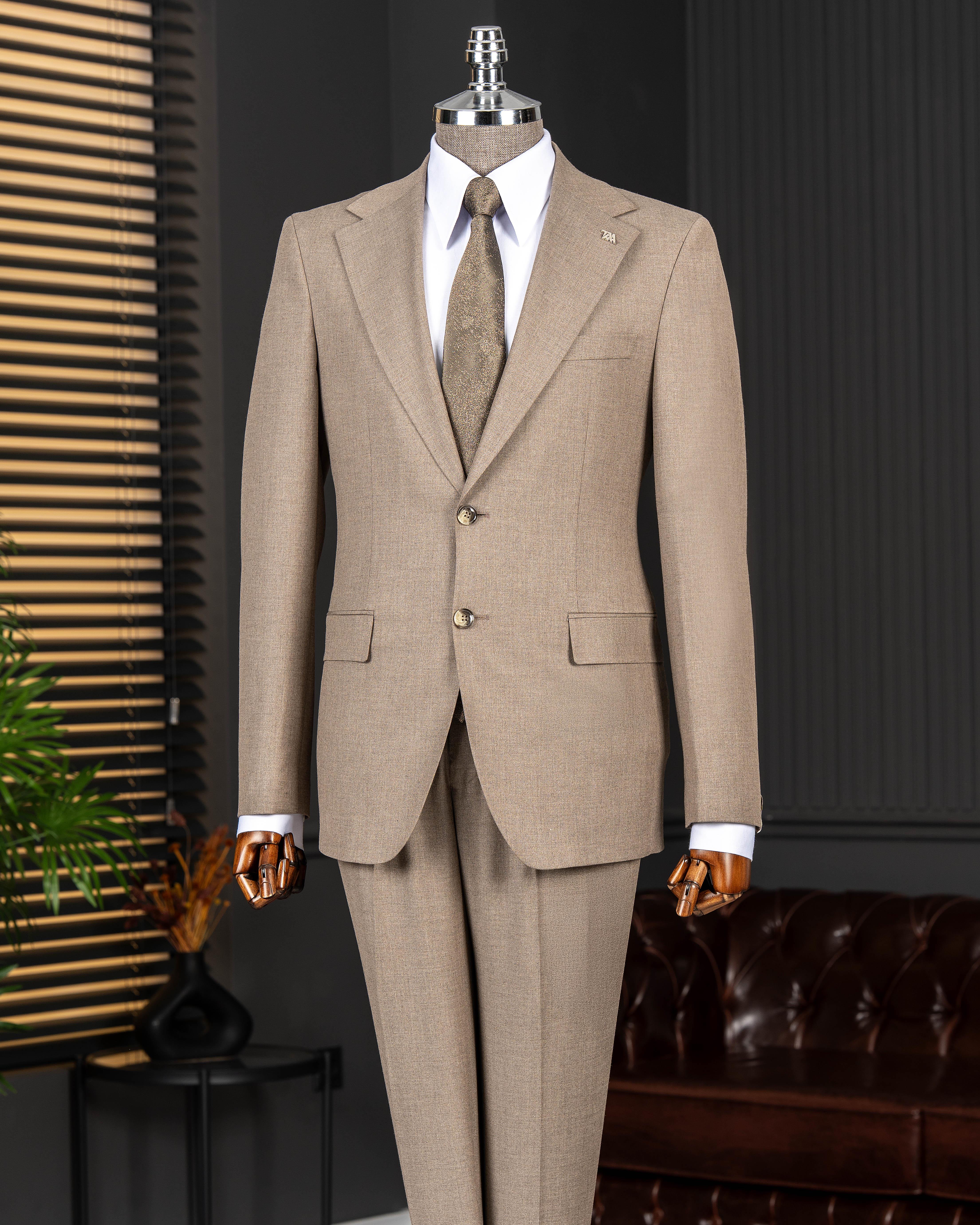 İtalyan stil slim fit mono yaka ceket pantolon takım elbise vizon T14763