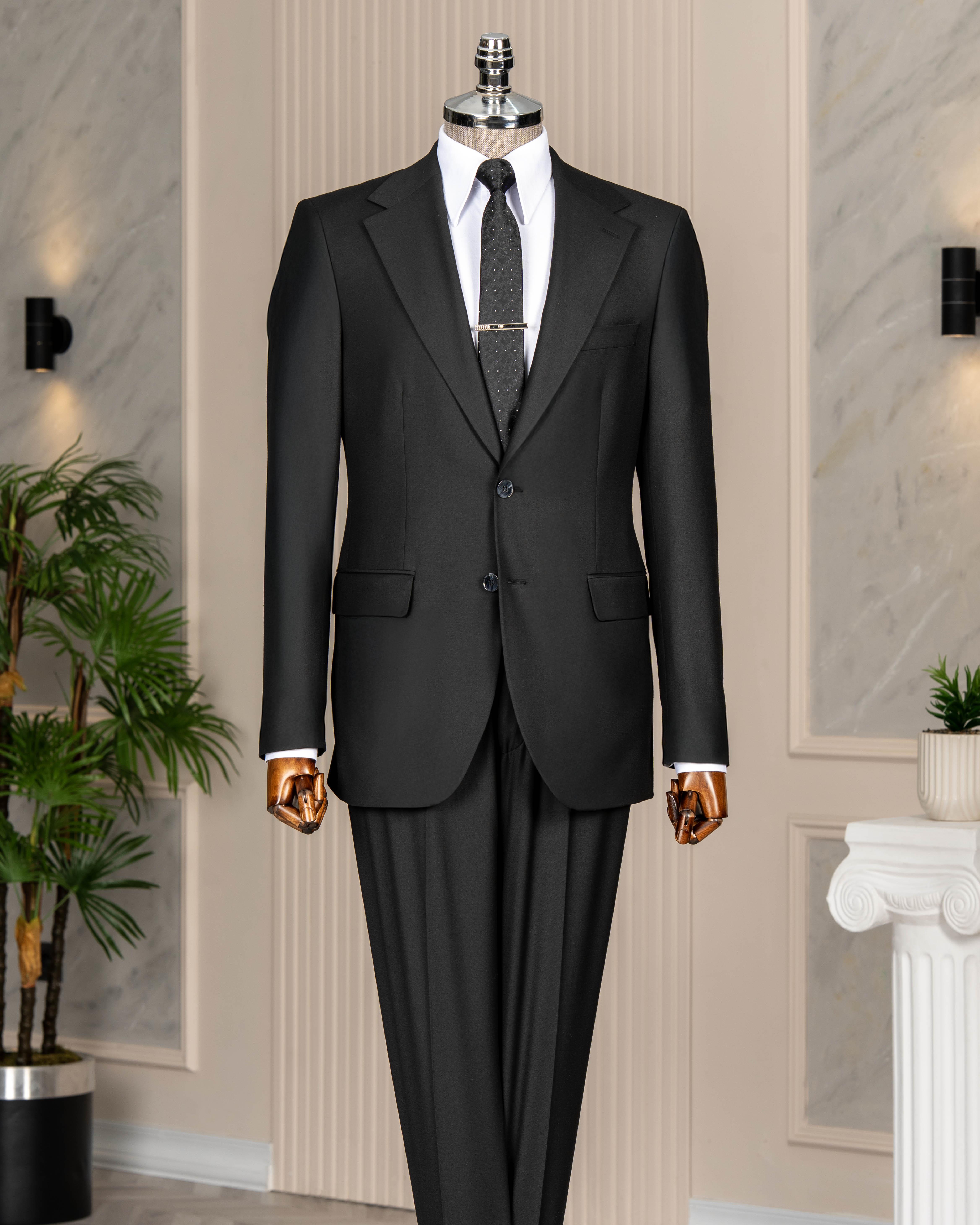 İtalyan stil slim fit mono yaka ceket pantolon takım elbise siyah T14759