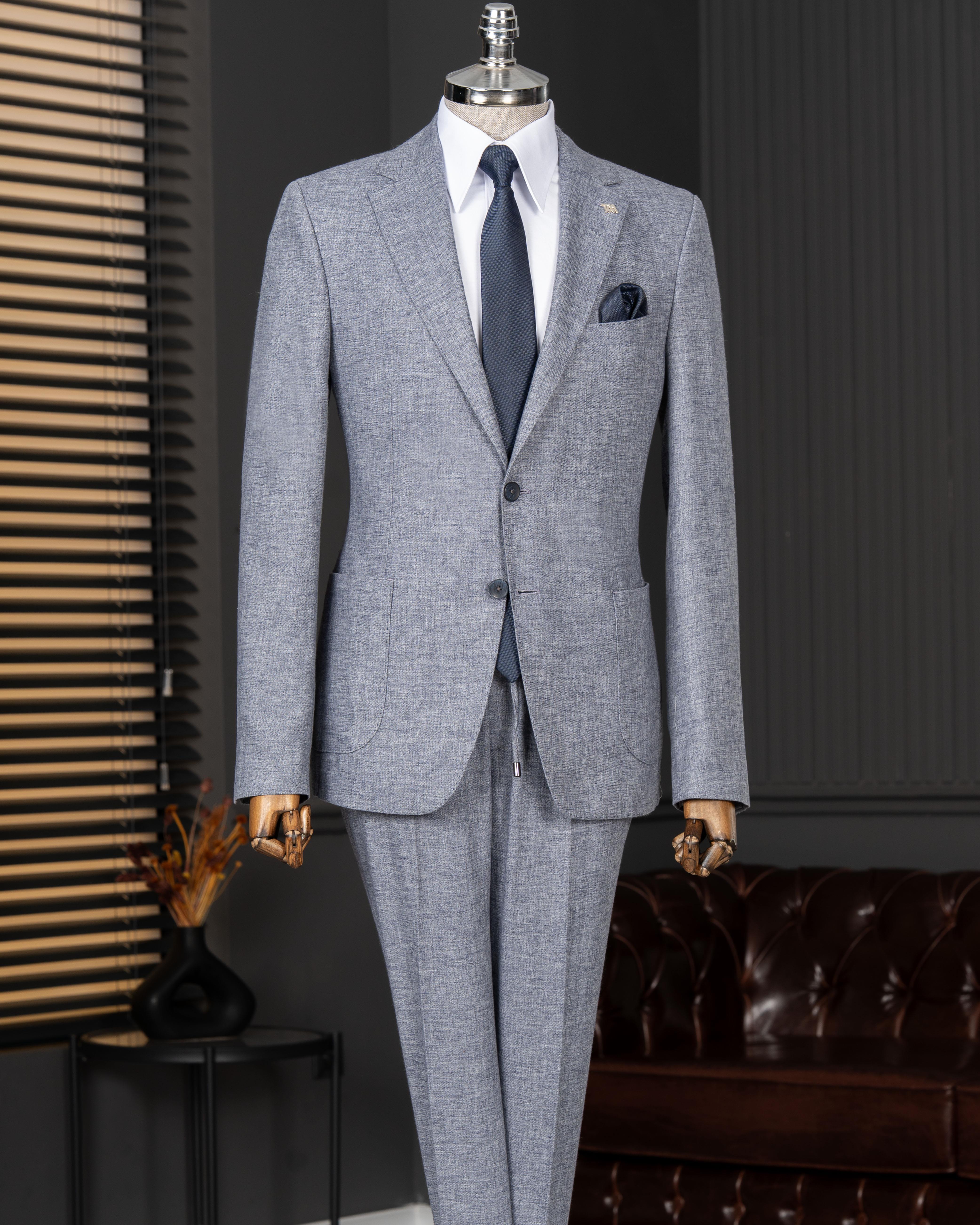 İtalyan stil slim fit mono yaka ceket pantolon takım elbise mavi T14363