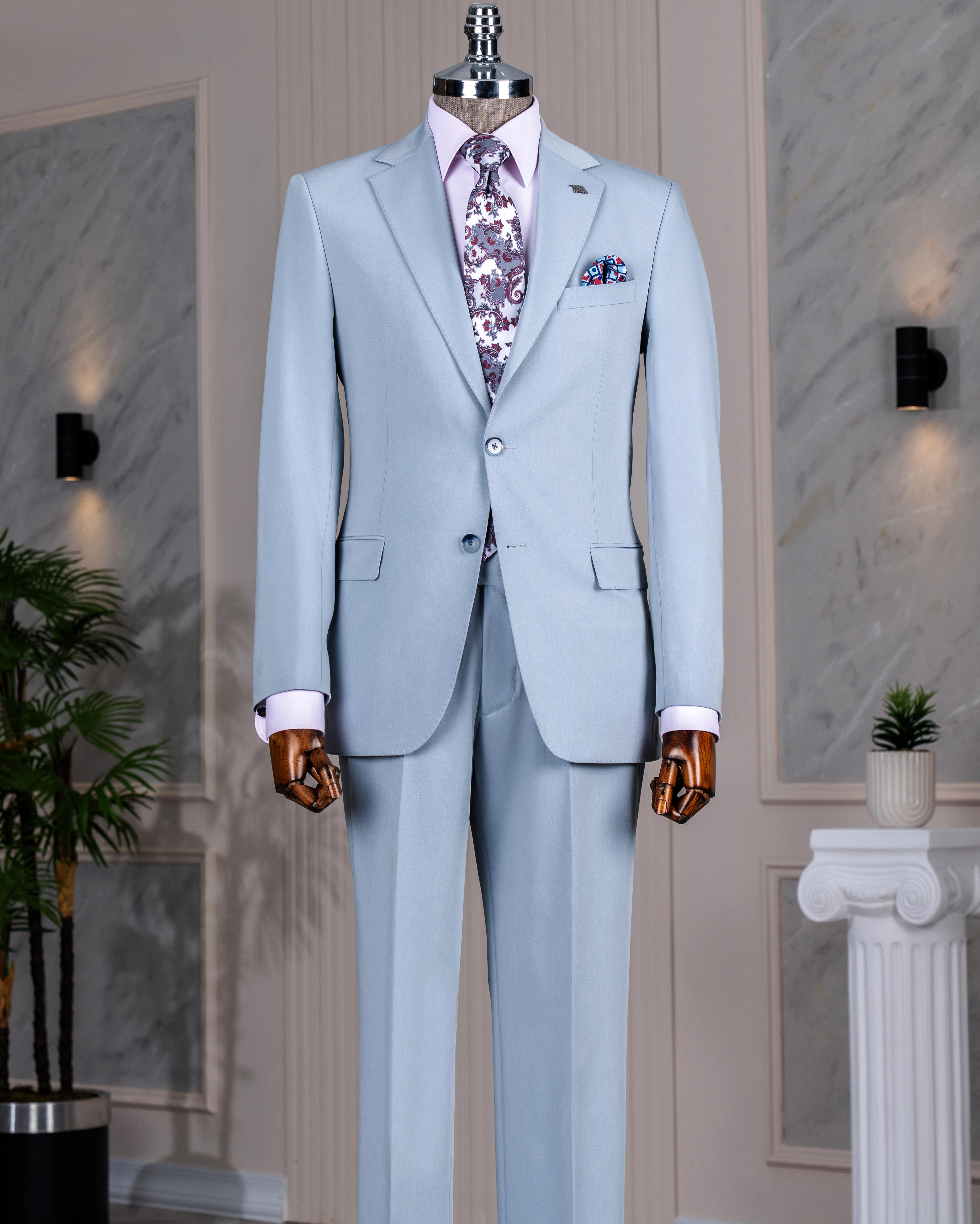 İtalyan stil slim fit mono yaka ceket pantolon takım elbise mavi T14238