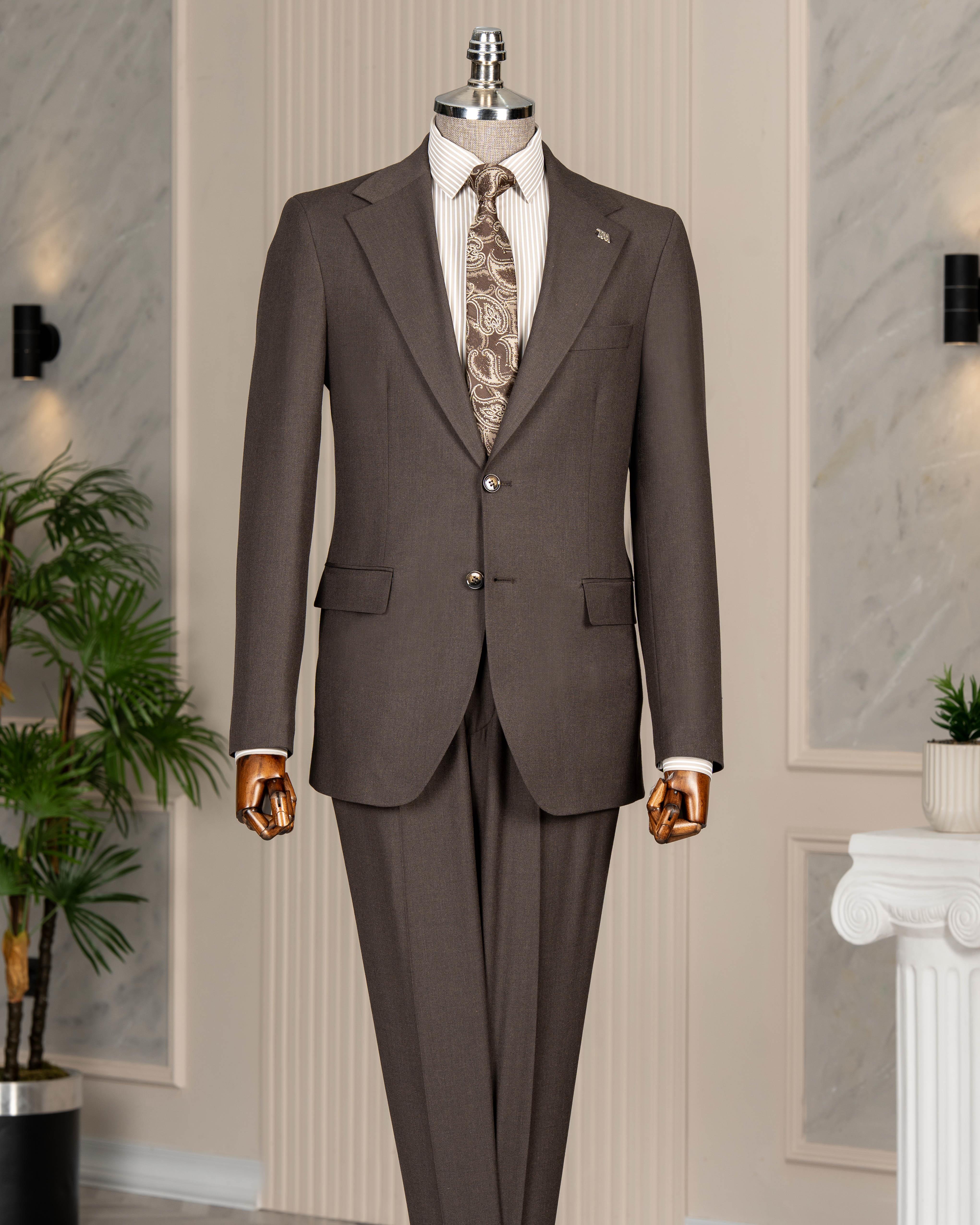 İtalyan stil slim fit mono yaka ceket pantolon takım elbise kahverengi T14761