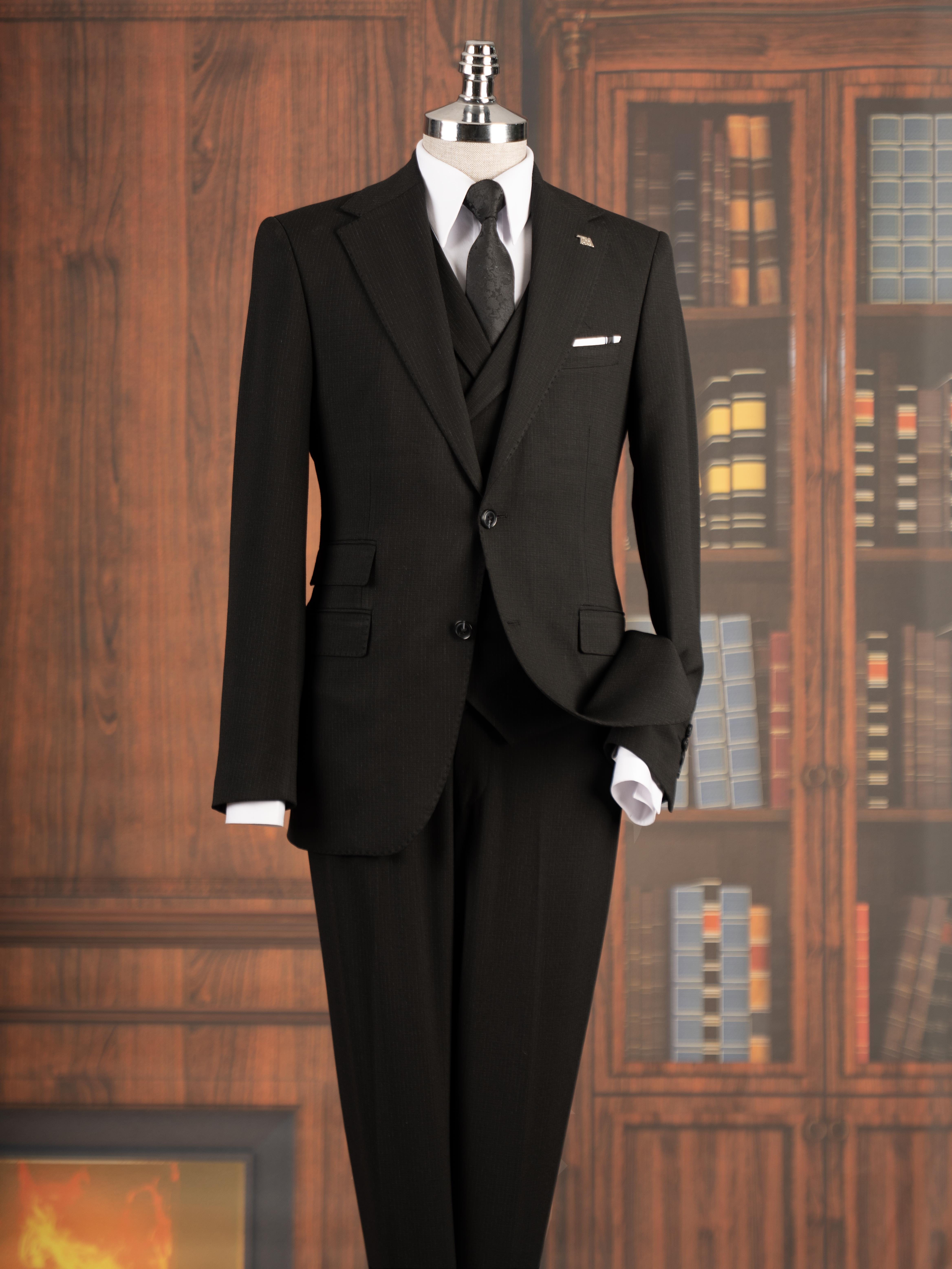 İtalyan stil slim fit mono yaka ceket yelek pantolon takım elbise siyah T14751