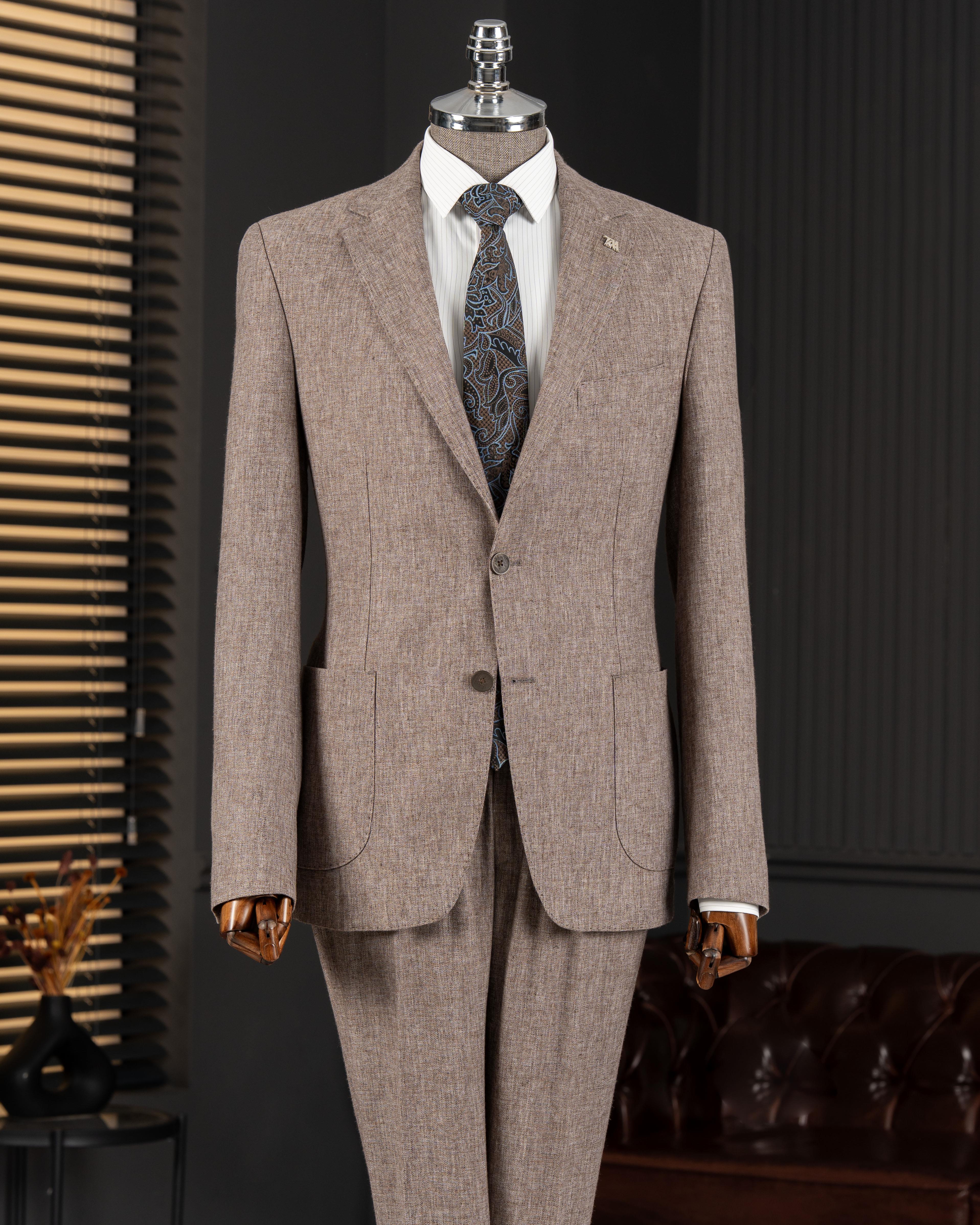 İtalyan stil slim fit mono yaka ceket pantolon takım elbise kahverengi T14366