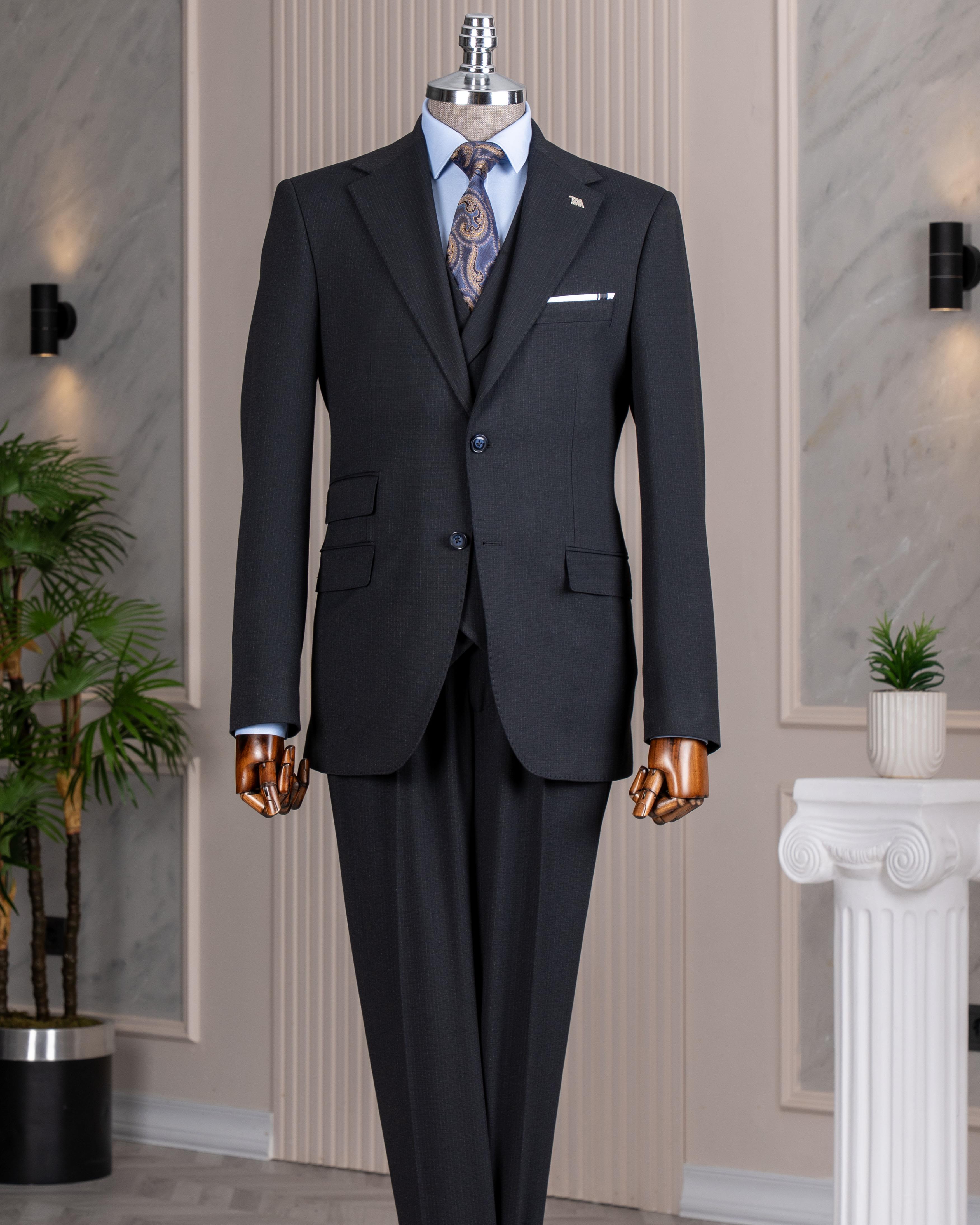 İtalyan stil slim fit mono yaka ceket pantolon takım elbise lacivert T14752